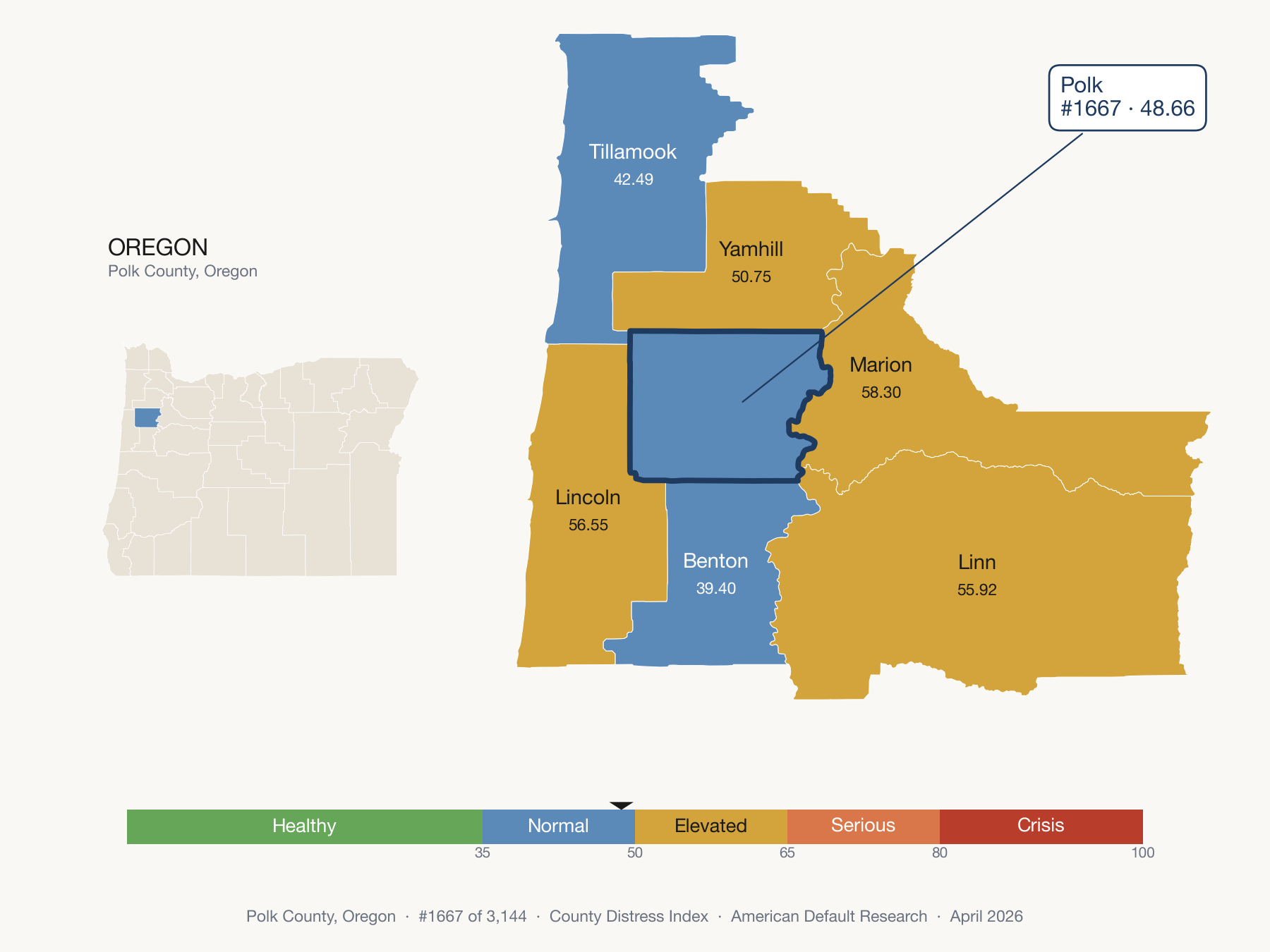 County Distress Index cluster map. Polk County, Oregon and its neighbors colored by distress fifth.
