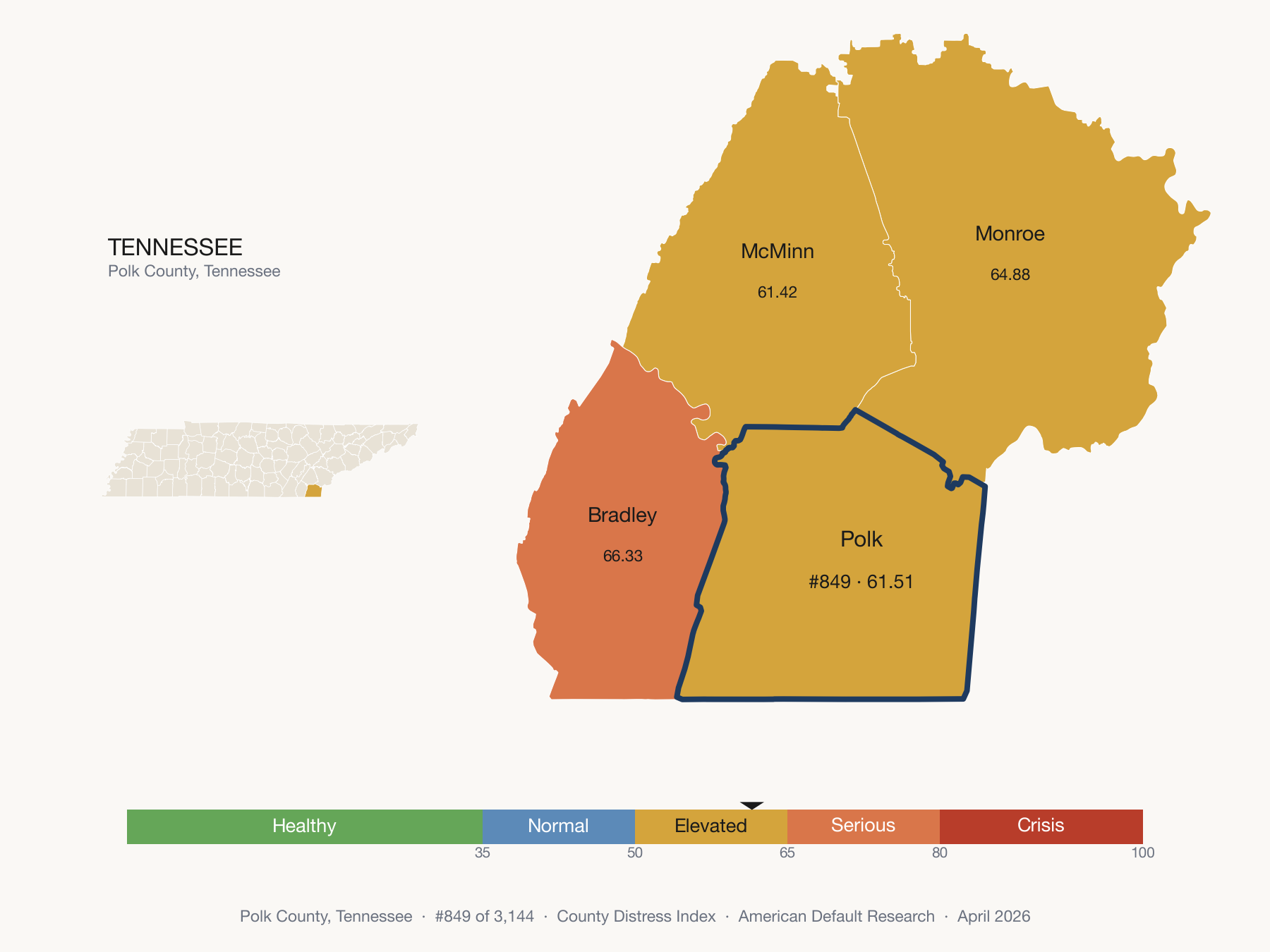 County Distress Index cluster map. Polk County, Tennessee and its neighbors colored by distress fifth.