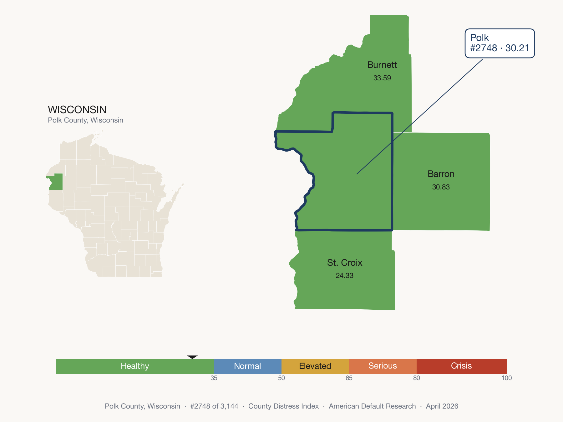 County Distress Index cluster map. Polk County, Wisconsin and its neighbors colored by distress fifth.