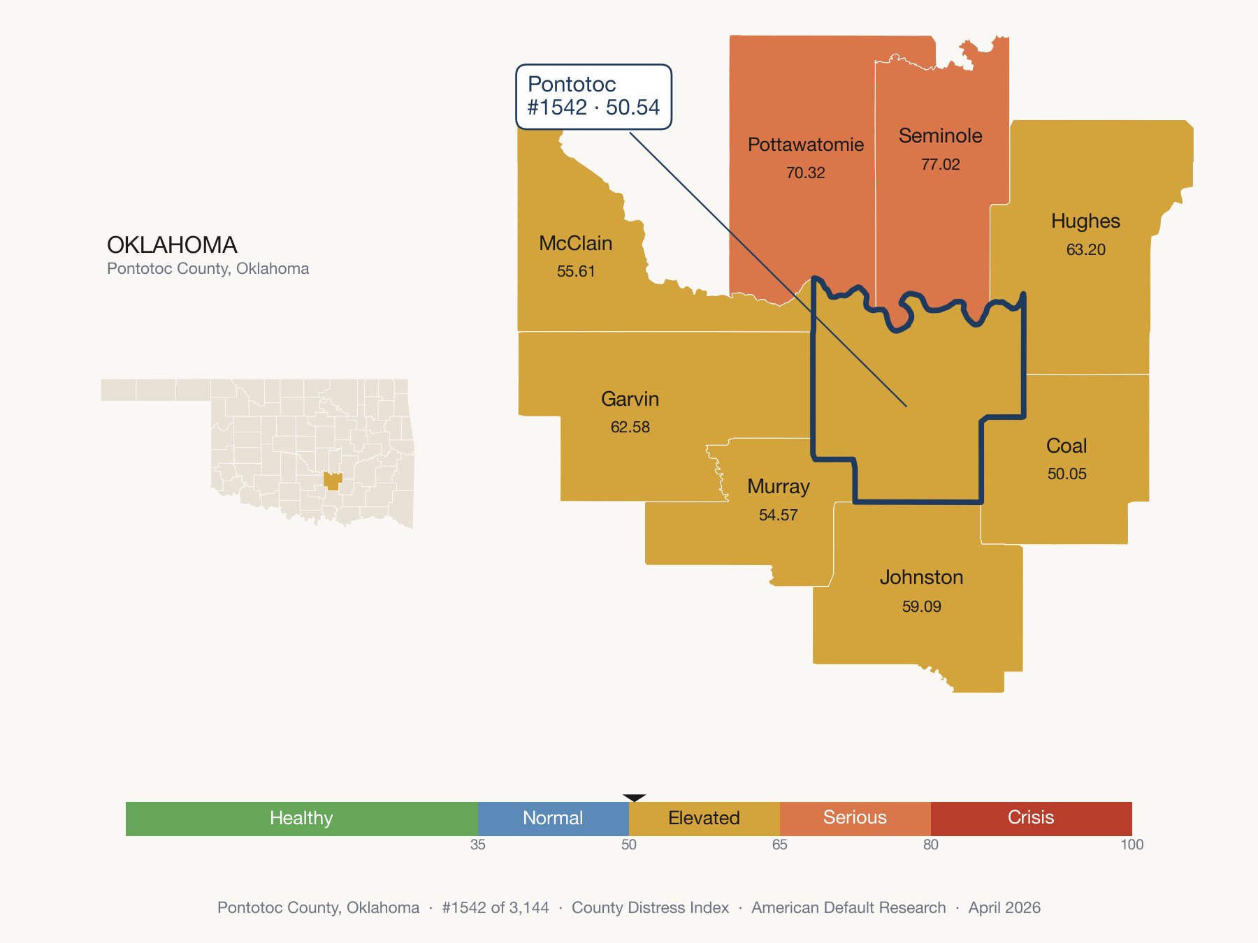 County Distress Index cluster map. Pontotoc County, Oklahoma and its neighbors colored by distress fifth.