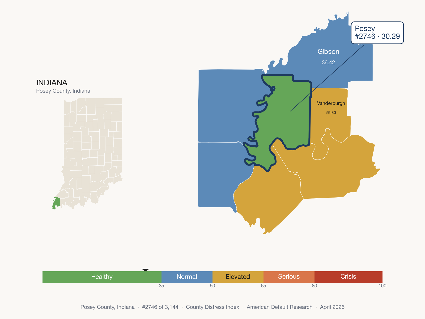County Distress Index cluster map. Posey County, Indiana and its neighbors colored by distress fifth.