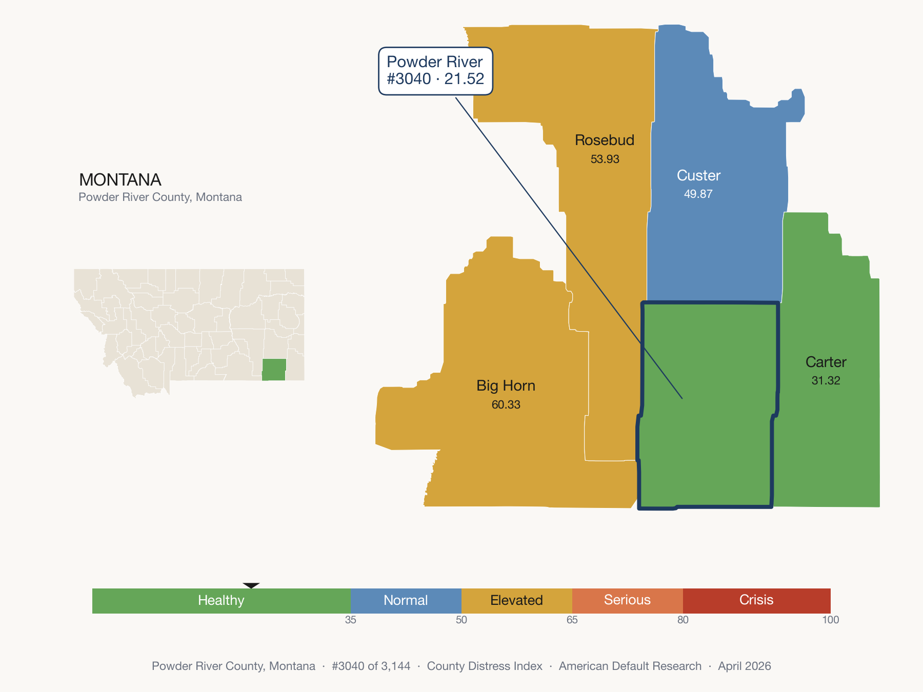 County Distress Index cluster map. Powder River County, Montana and its neighbors colored by distress fifth.