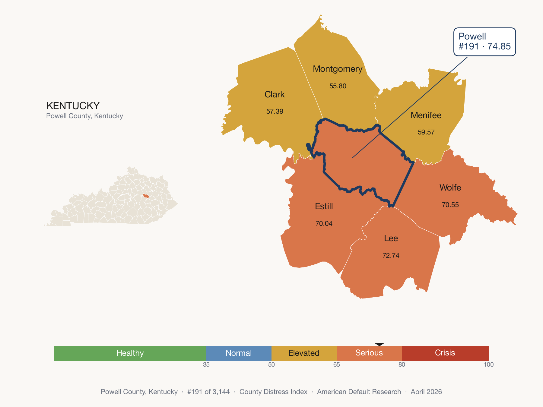 County Distress Index cluster map. Powell County, Kentucky and its neighbors colored by distress fifth.