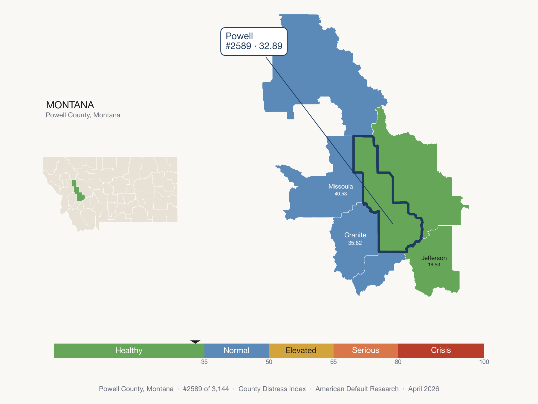 County Distress Index cluster map. Powell County, Montana and its neighbors colored by distress fifth.