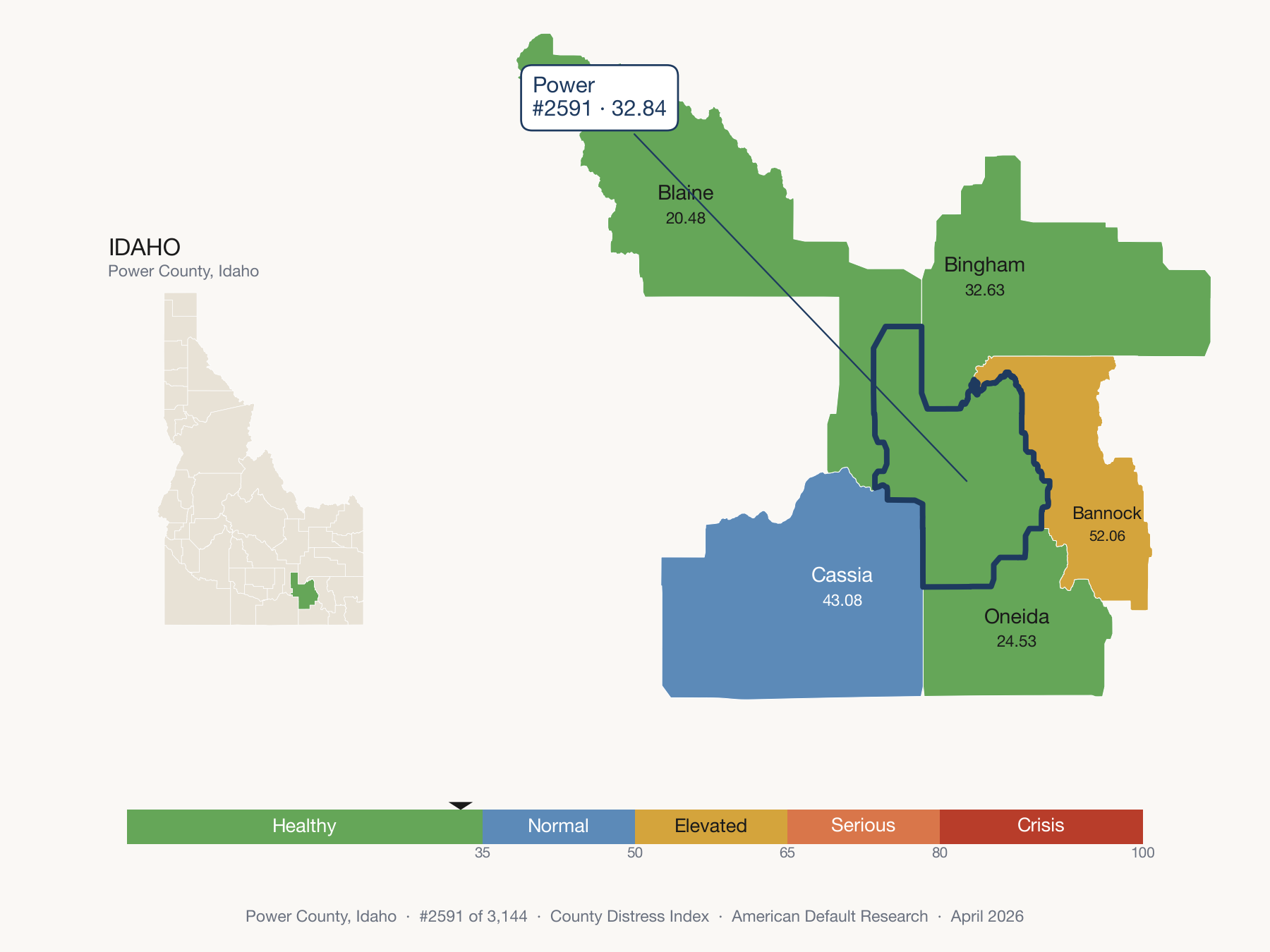 County Distress Index cluster map. Power County, Idaho and its neighbors colored by distress fifth.
