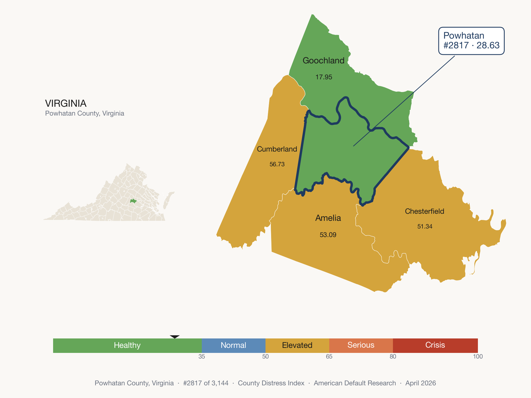 County Distress Index cluster map. Powhatan County, Virginia and its neighbors colored by distress fifth.