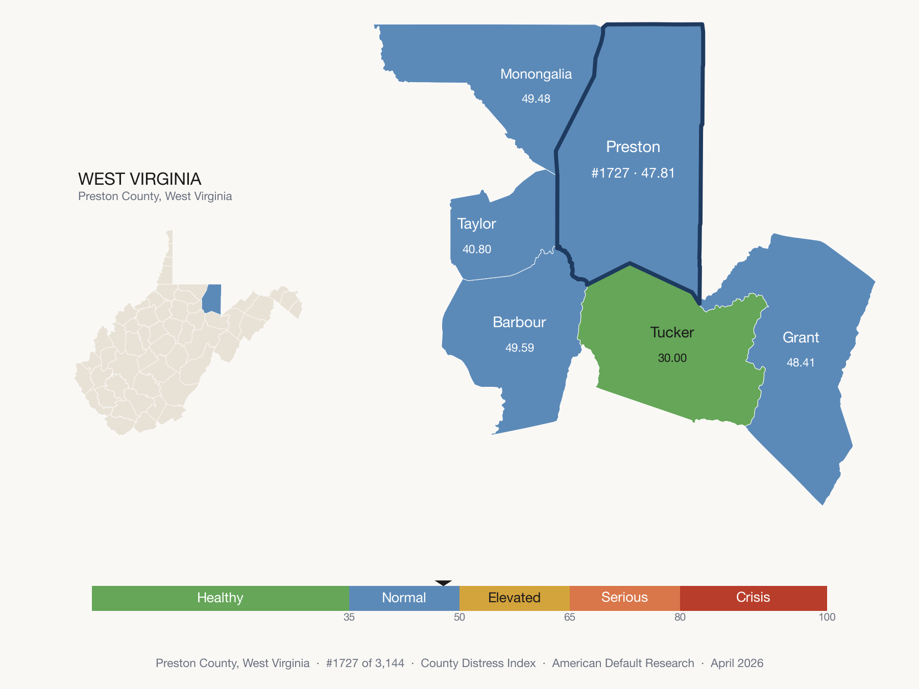 County Distress Index cluster map. Preston County, West Virginia and its neighbors colored by distress fifth.