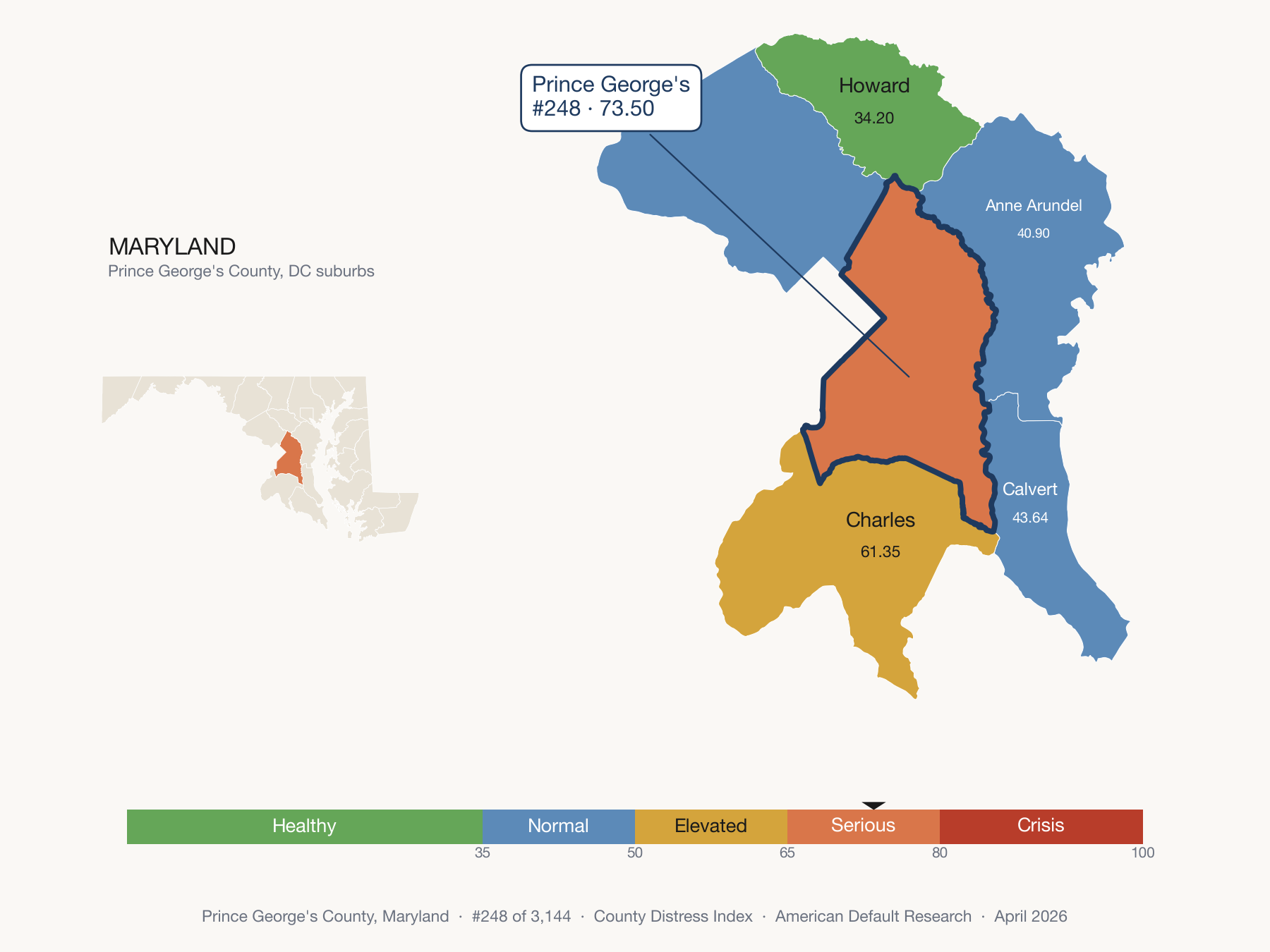 County Distress Index cluster map. Prince George's County, Maryland and its neighbors colored by distress fifth.