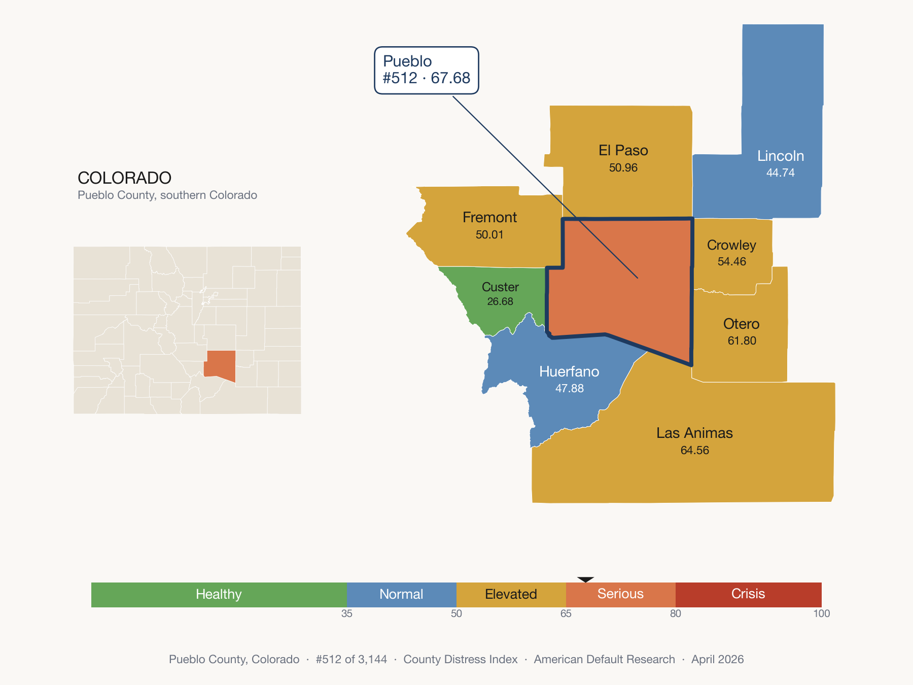 County Distress Index cluster map. Pueblo County, Colorado and its neighbors colored by distress fifth.
