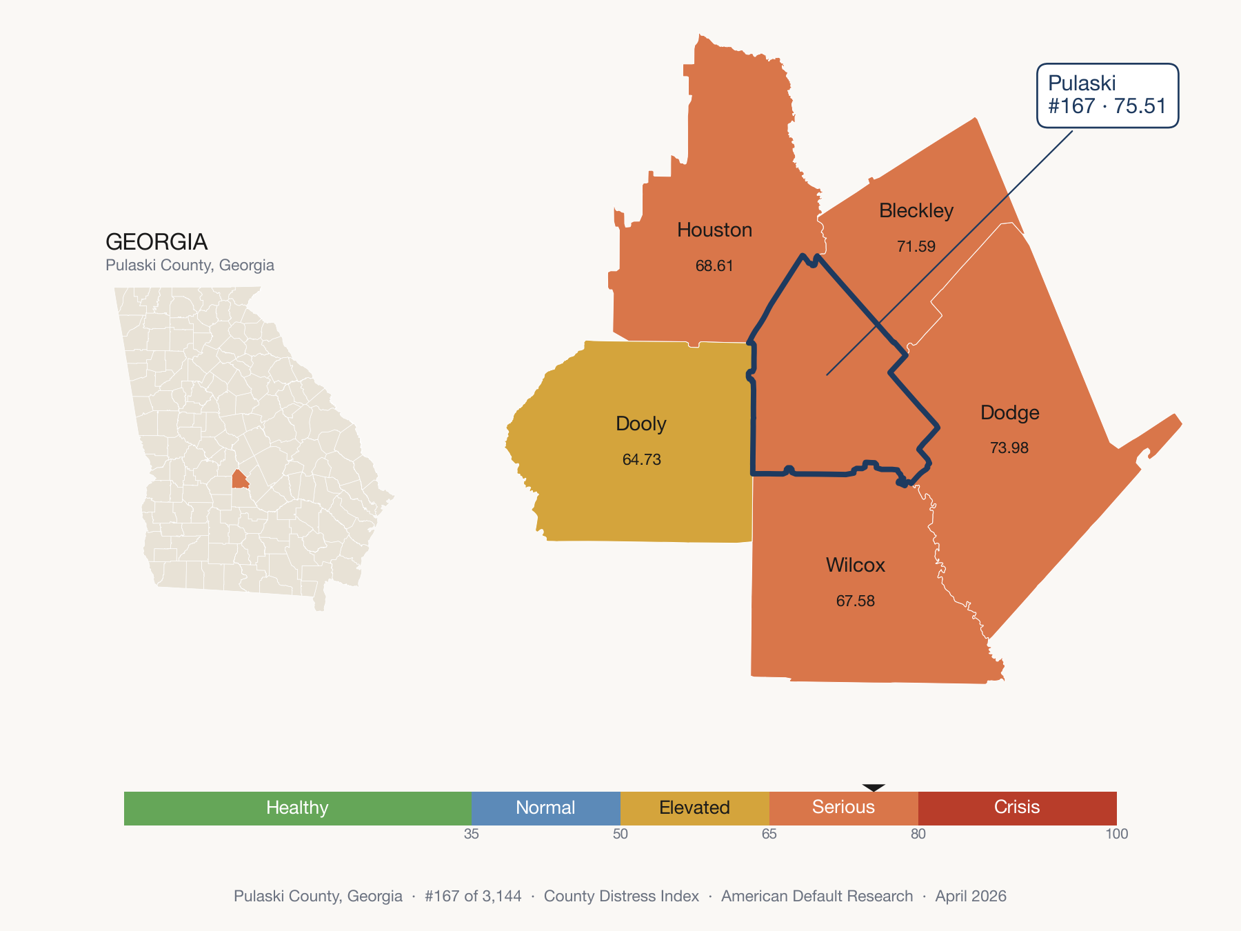County Distress Index cluster map. Pulaski County, Georgia and its neighbors colored by distress fifth.