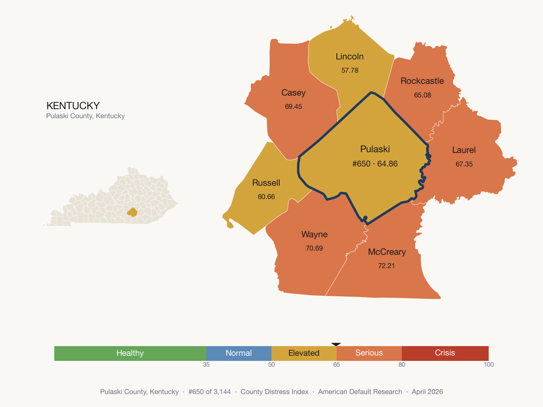 County Distress Index cluster map. Pulaski County, Kentucky and its neighbors colored by distress fifth.