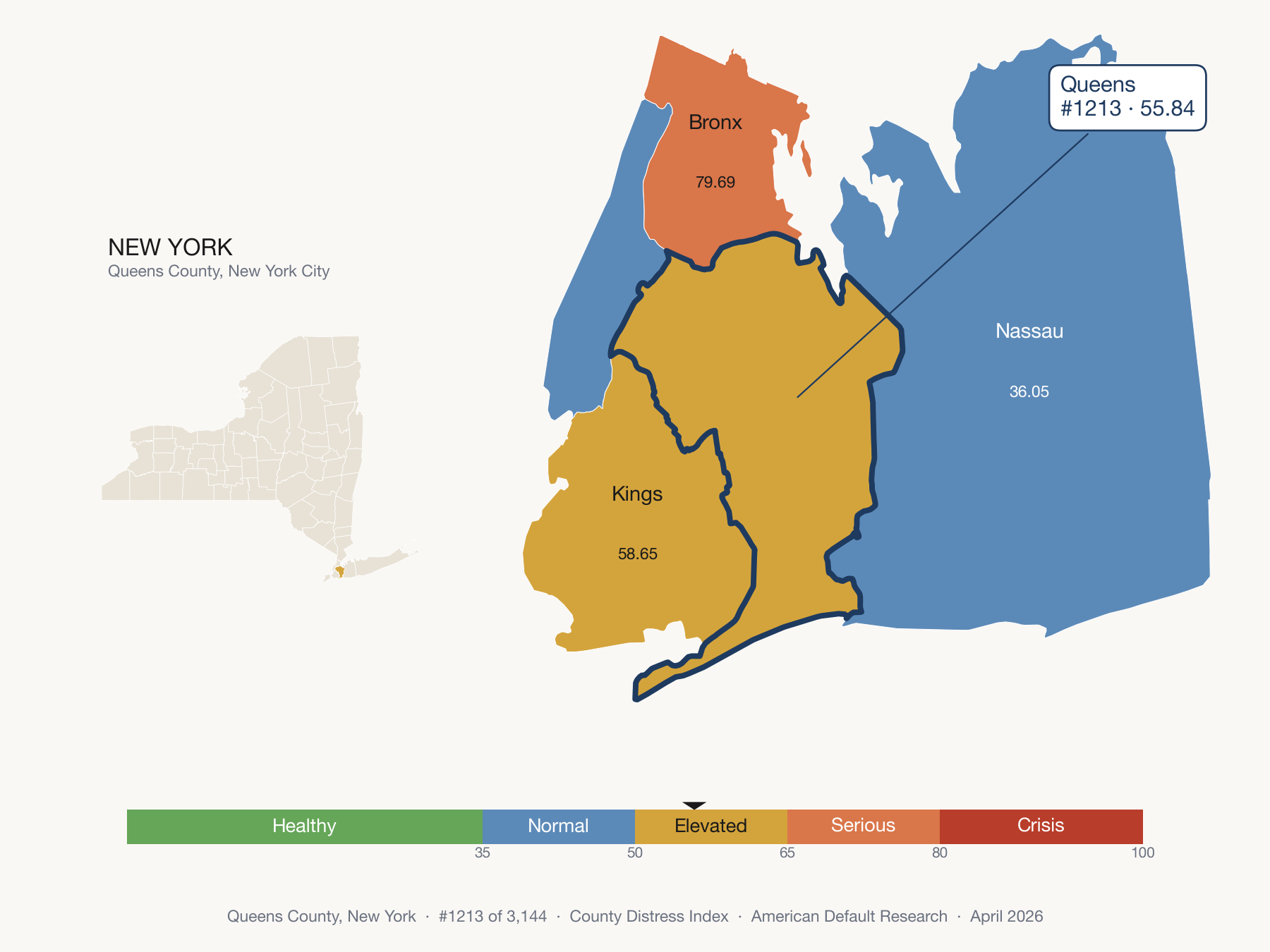 County Distress Index cluster map. Queens County, New York and its neighbors colored by distress fifth.