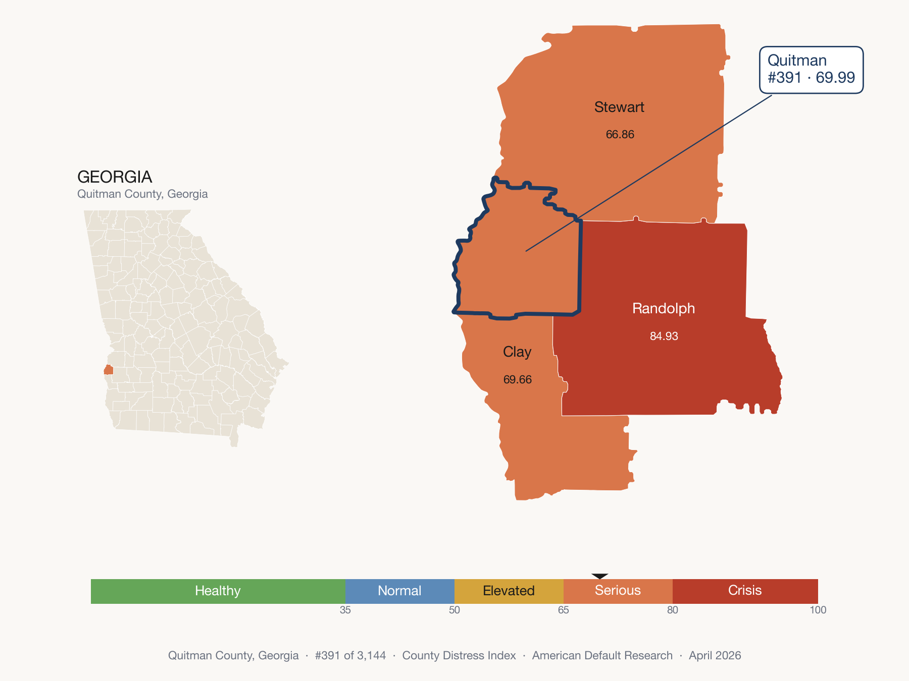 County Distress Index cluster map. Quitman County, Georgia and its neighbors colored by distress fifth.
