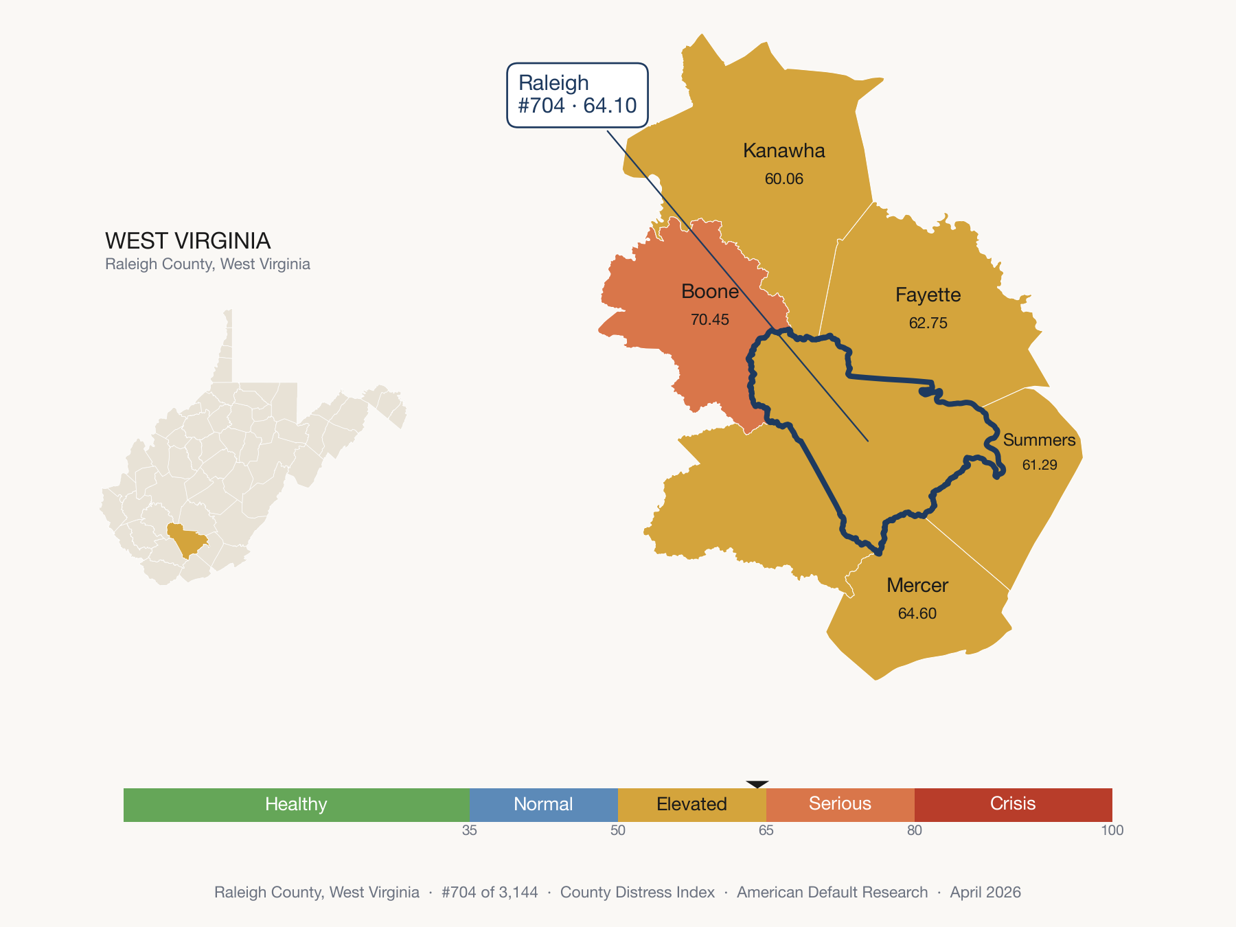 County Distress Index cluster map. Raleigh County, West Virginia and its neighbors colored by distress fifth.