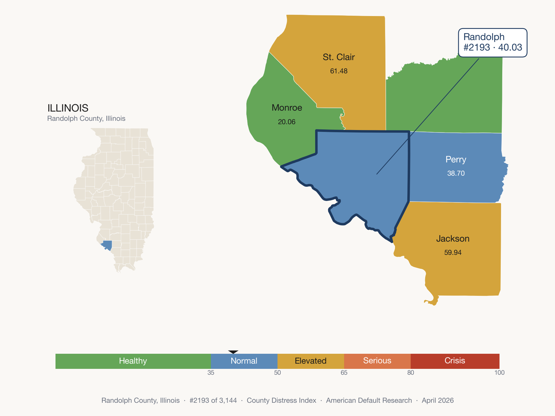 County Distress Index cluster map. Randolph County, Illinois and its neighbors colored by distress fifth.