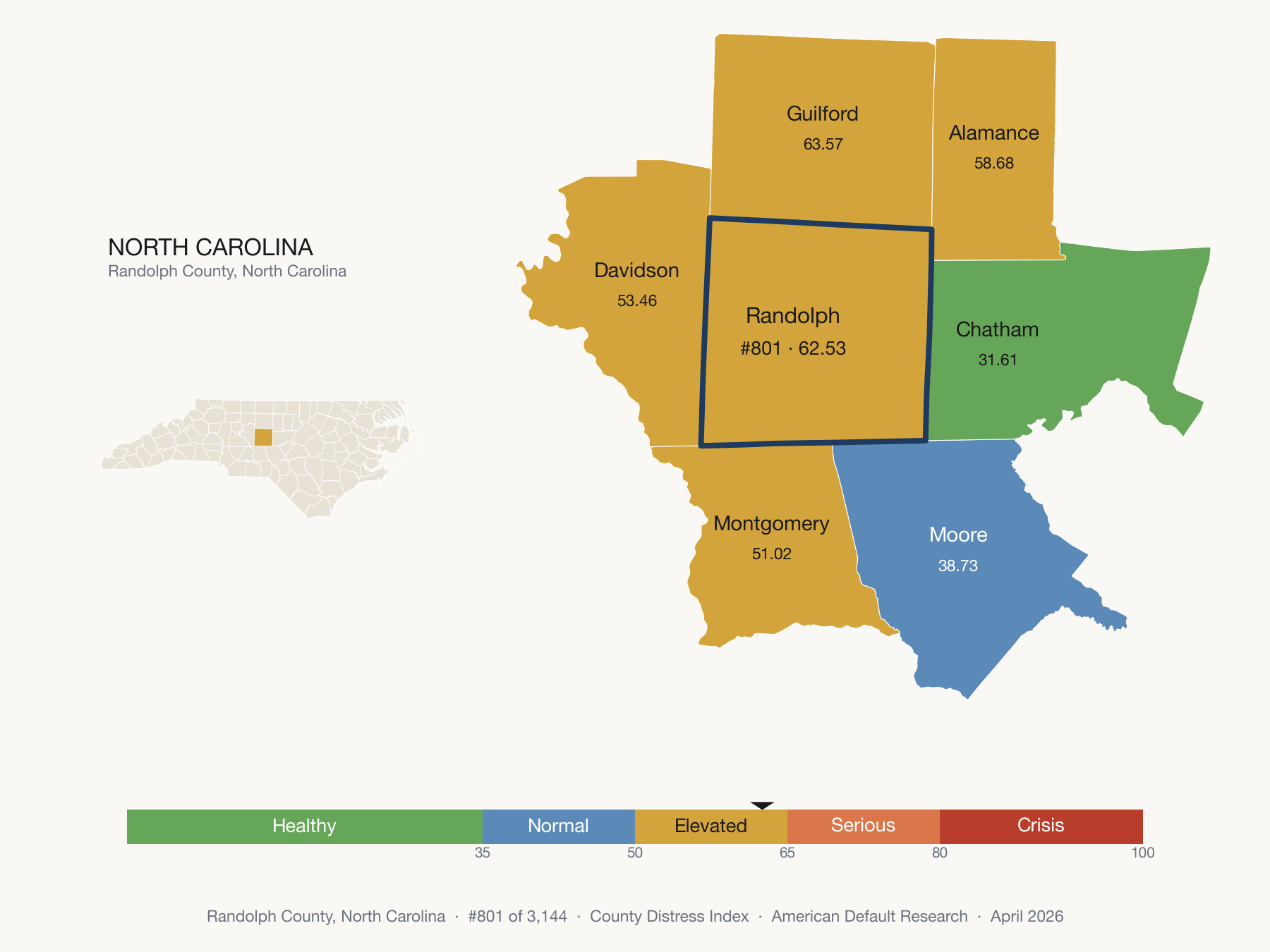 County Distress Index cluster map. Randolph County, North Carolina and its neighbors colored by distress fifth.