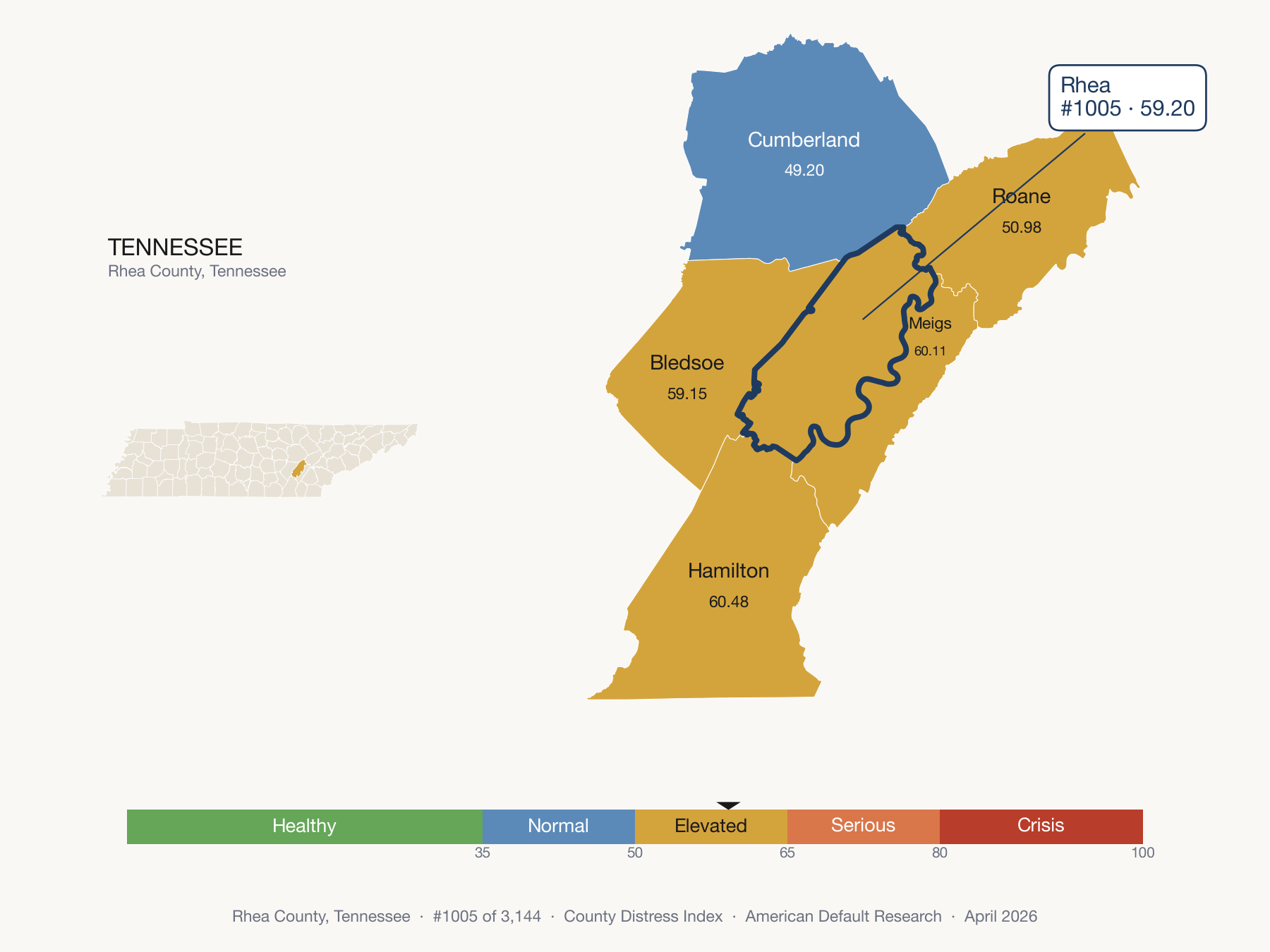 County Distress Index cluster map. Rhea County, Tennessee and its neighbors colored by distress fifth.