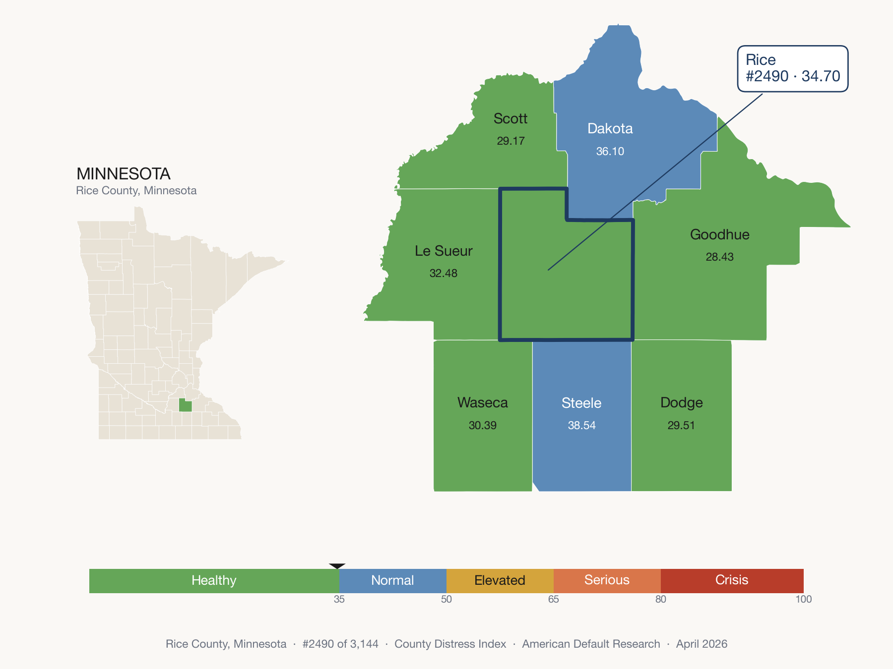 County Distress Index cluster map. Rice County, Minnesota and its neighbors colored by distress fifth.
