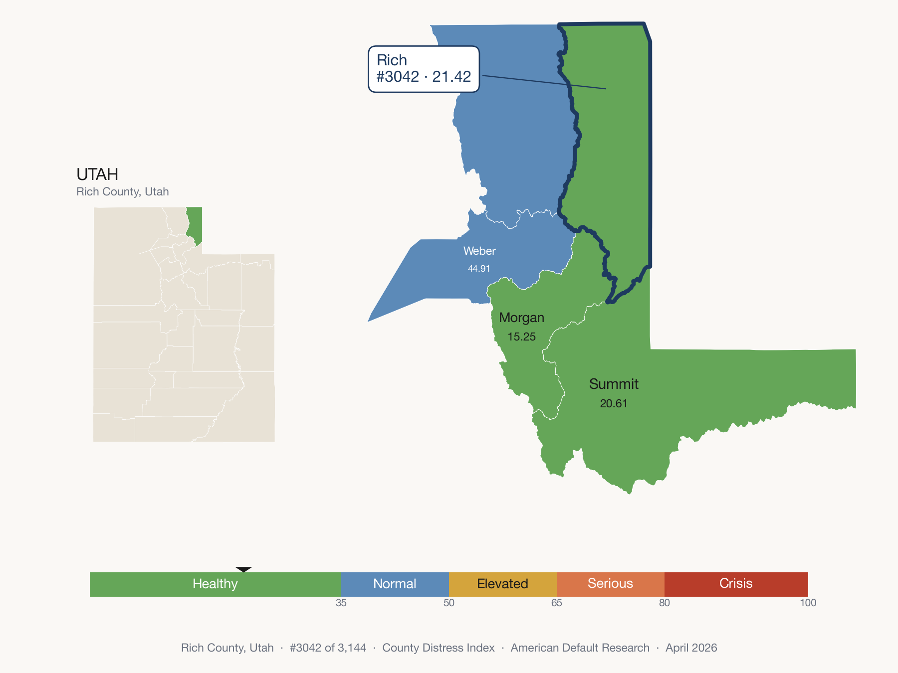 County Distress Index cluster map. Rich County, Utah and its neighbors colored by distress fifth.