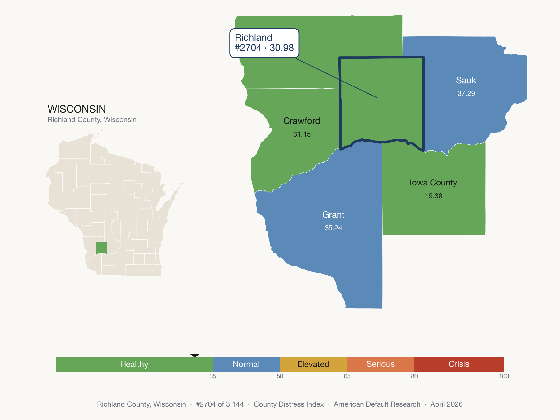 County Distress Index cluster map. Richland County, Wisconsin and its neighbors colored by distress fifth.
