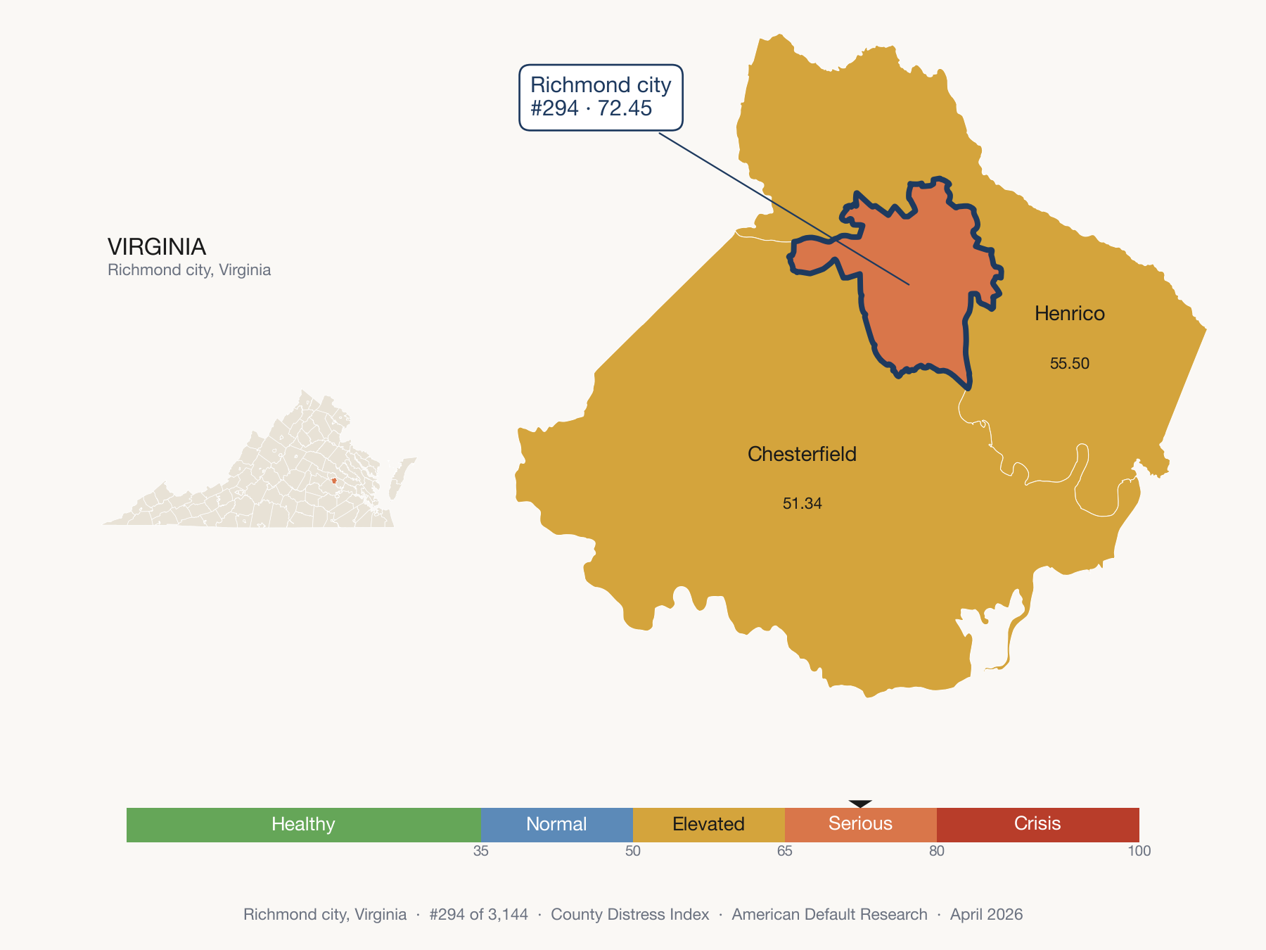 County Distress Index cluster map. Richmond city, Virginia and its neighbors colored by distress fifth.