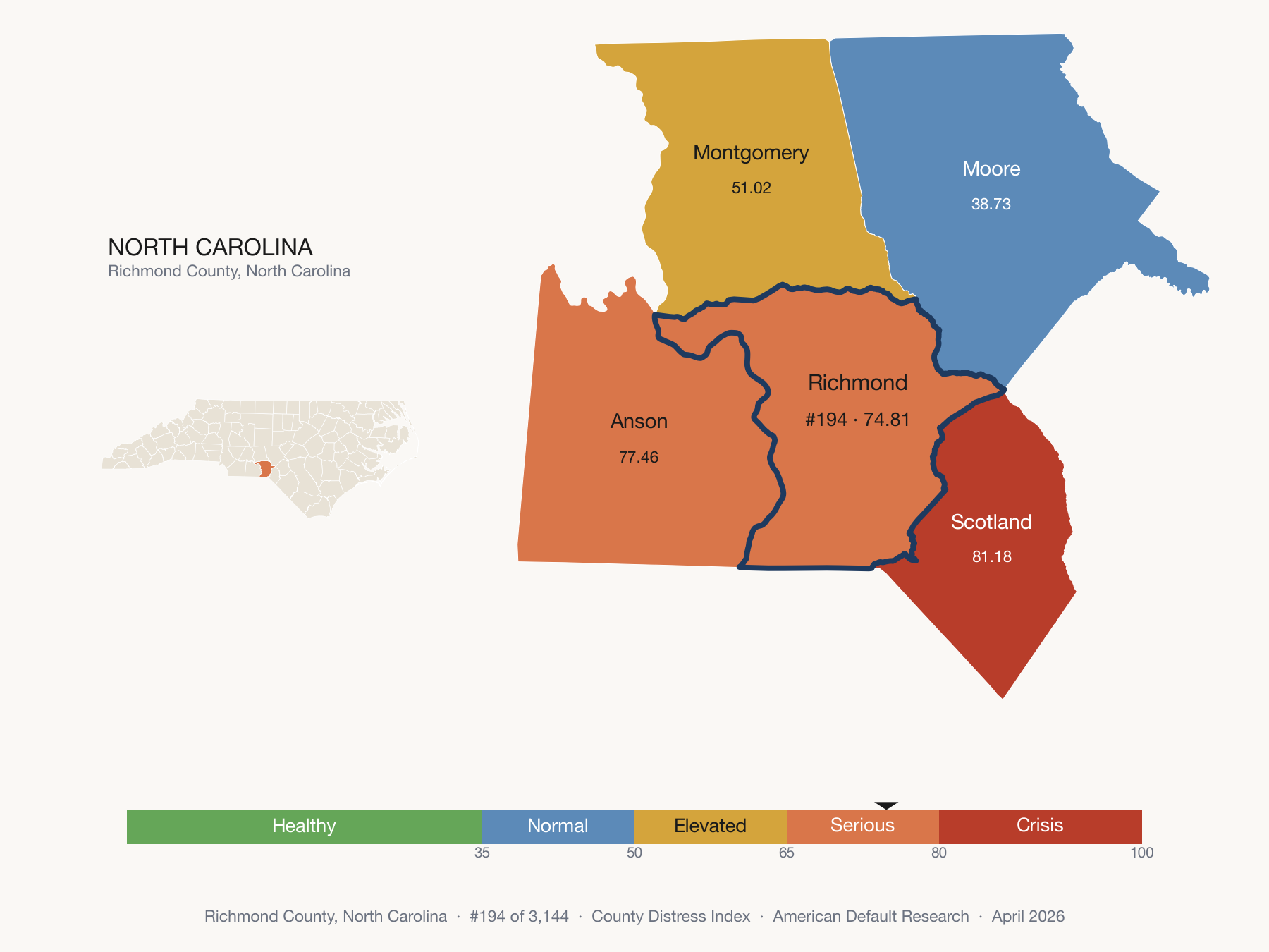 County Distress Index cluster map. Richmond County, North Carolina and its neighbors colored by distress fifth.