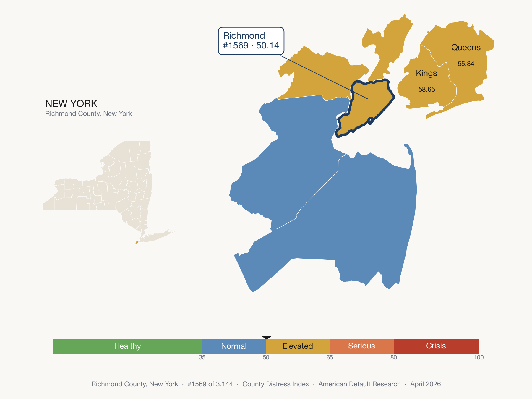 County Distress Index cluster map. Richmond County, New York and its neighbors colored by distress fifth.