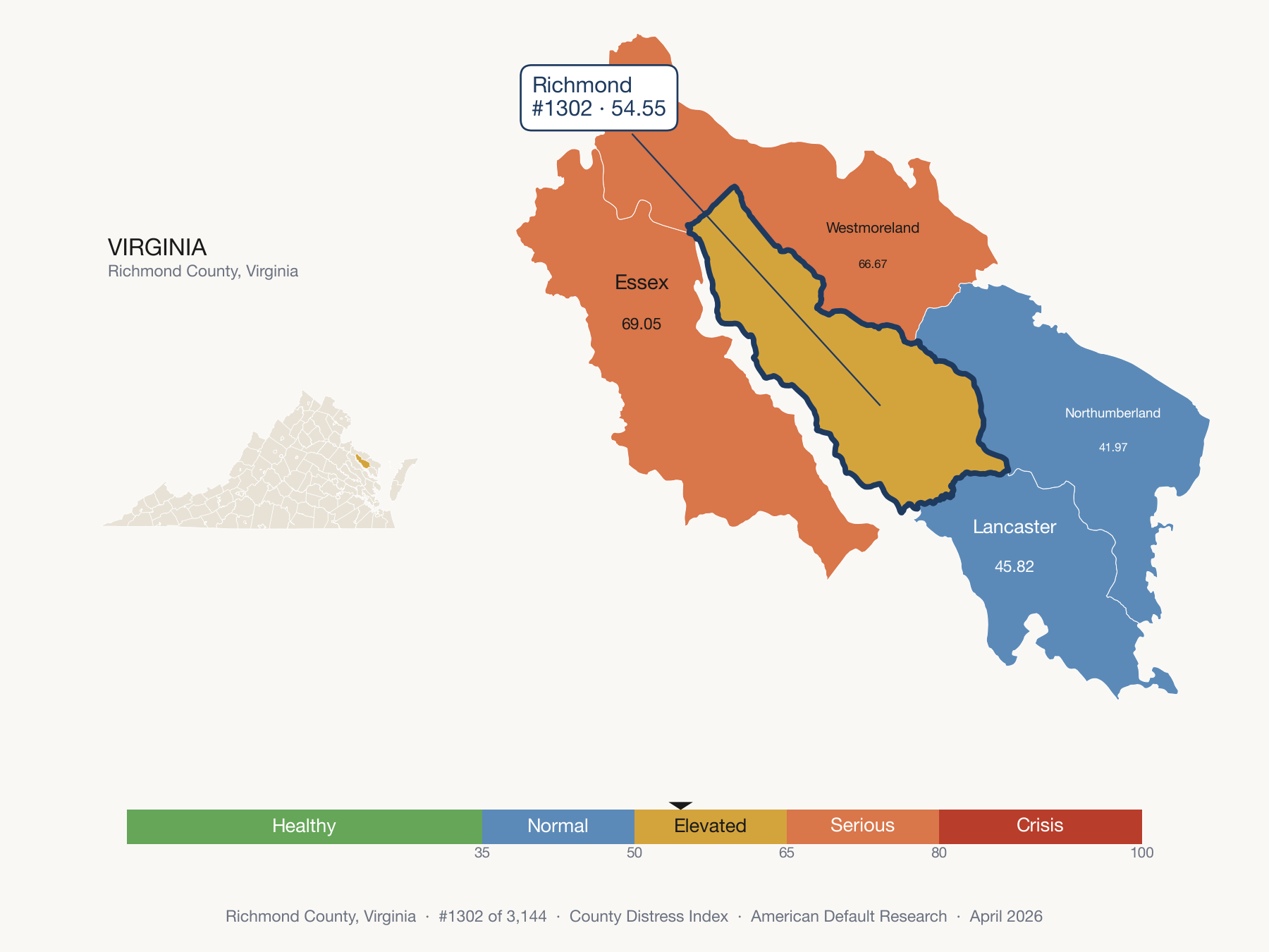 County Distress Index cluster map. Richmond County, Virginia and its neighbors colored by distress fifth.