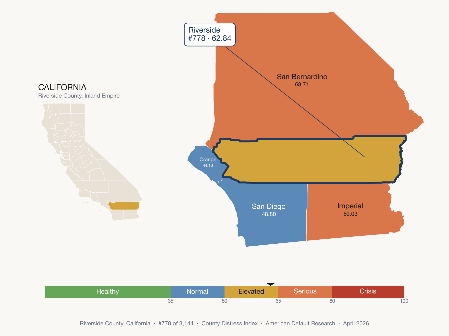 County Distress Index cluster map. Riverside County, California and its neighbors colored by distress fifth.