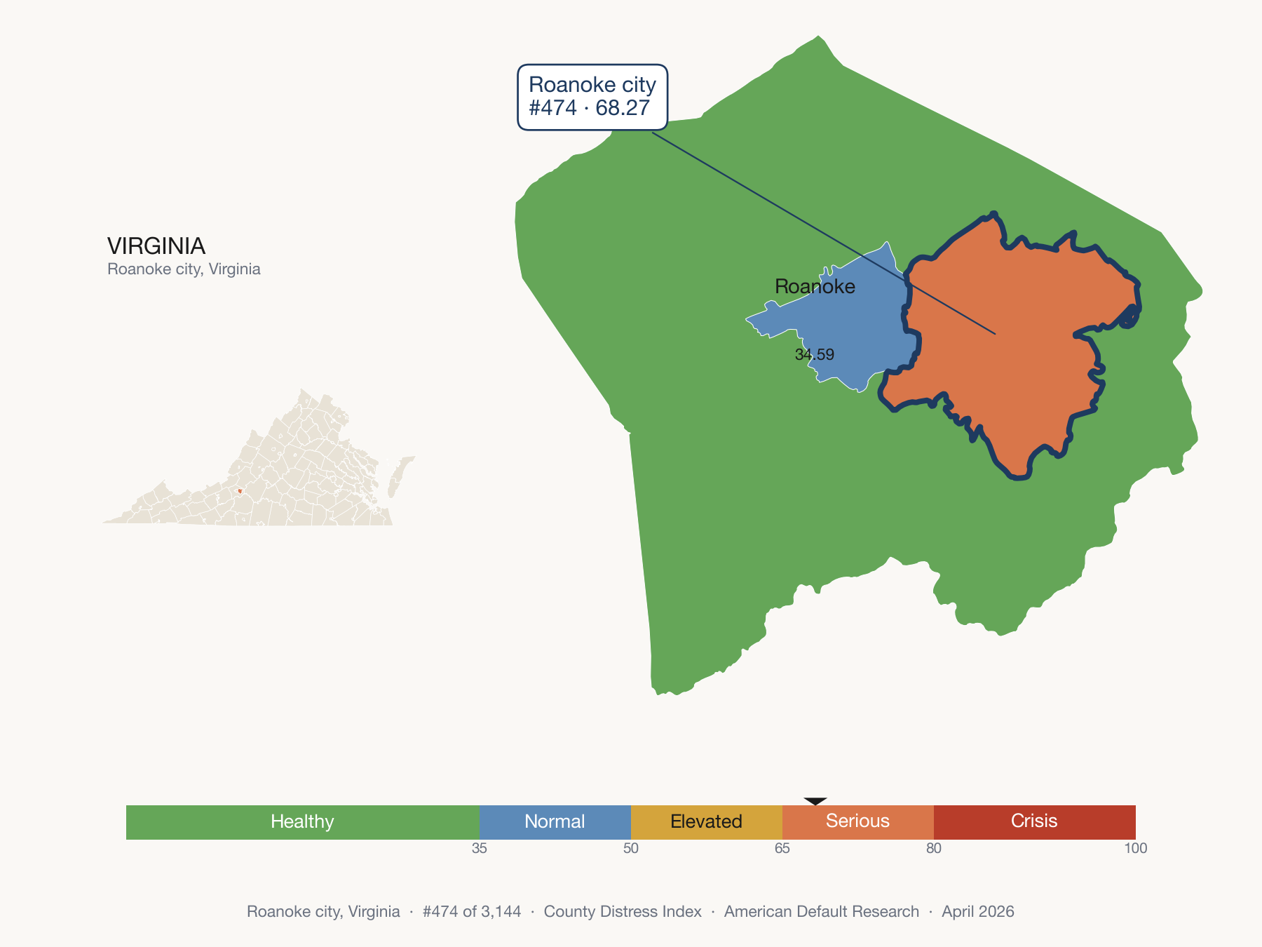 County Distress Index cluster map. Roanoke city, Virginia and its neighbors colored by distress fifth.