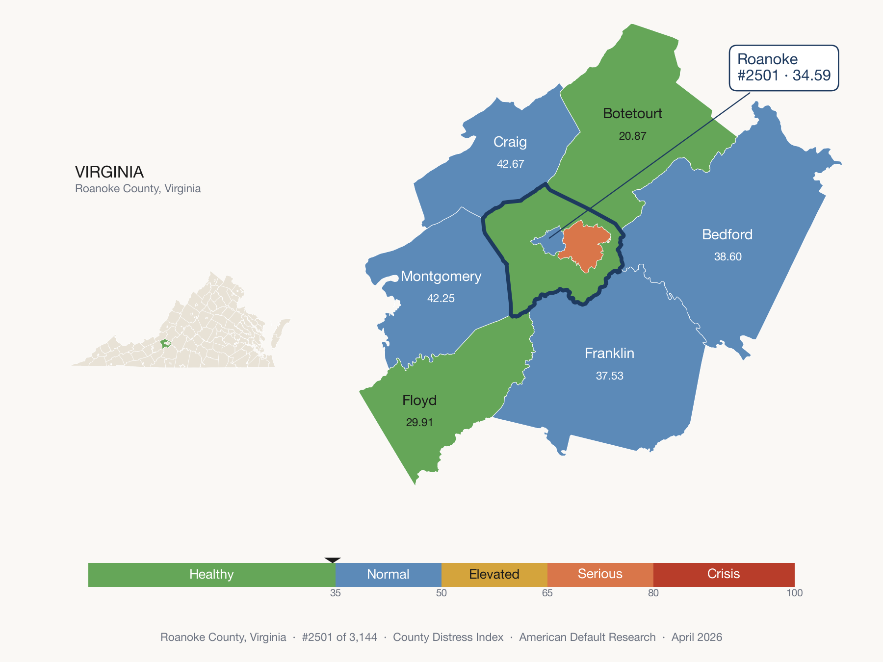 County Distress Index cluster map. Roanoke County, Virginia and its neighbors colored by distress fifth.