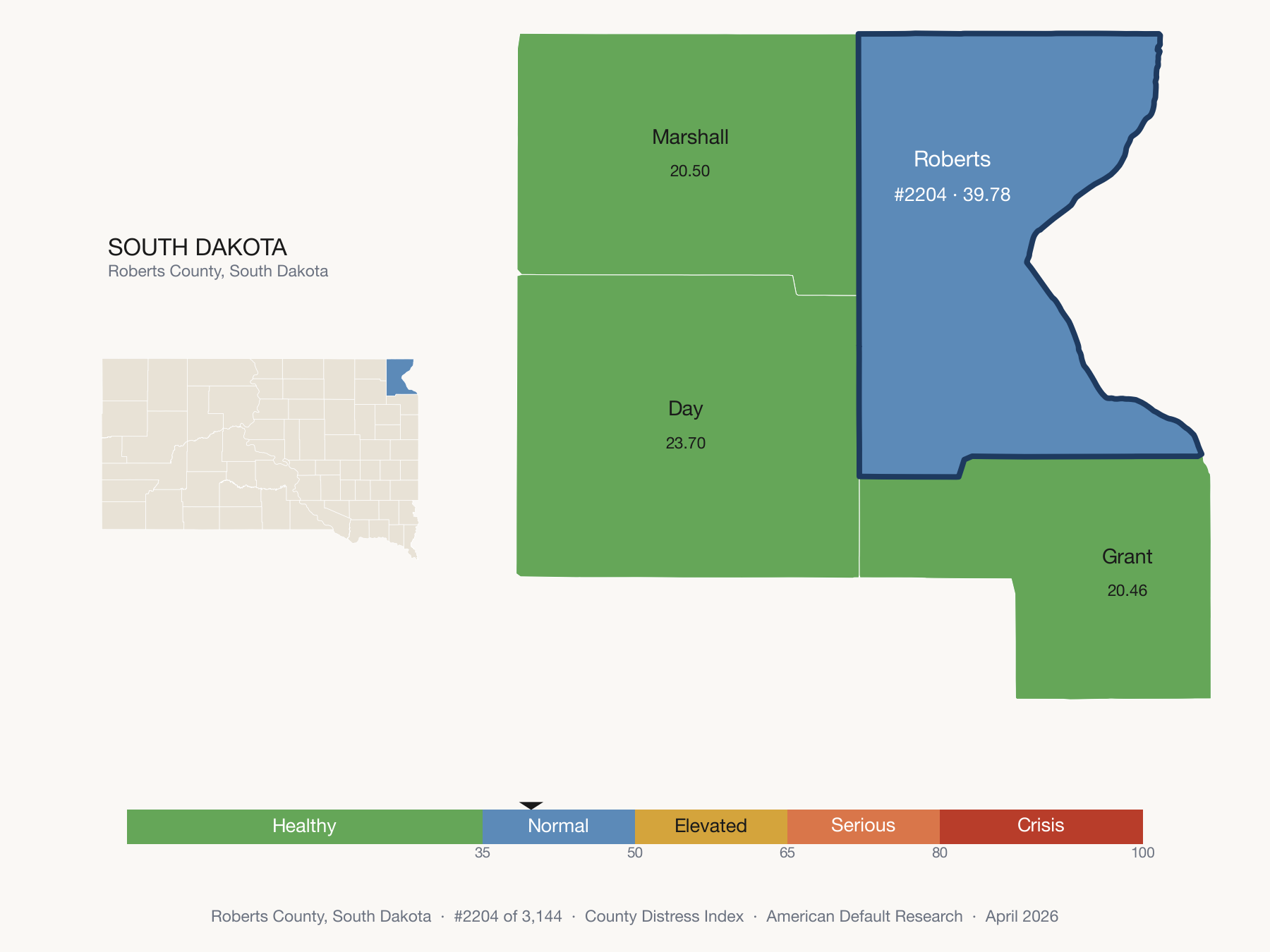 County Distress Index cluster map. Roberts County, South Dakota and its neighbors colored by distress fifth.