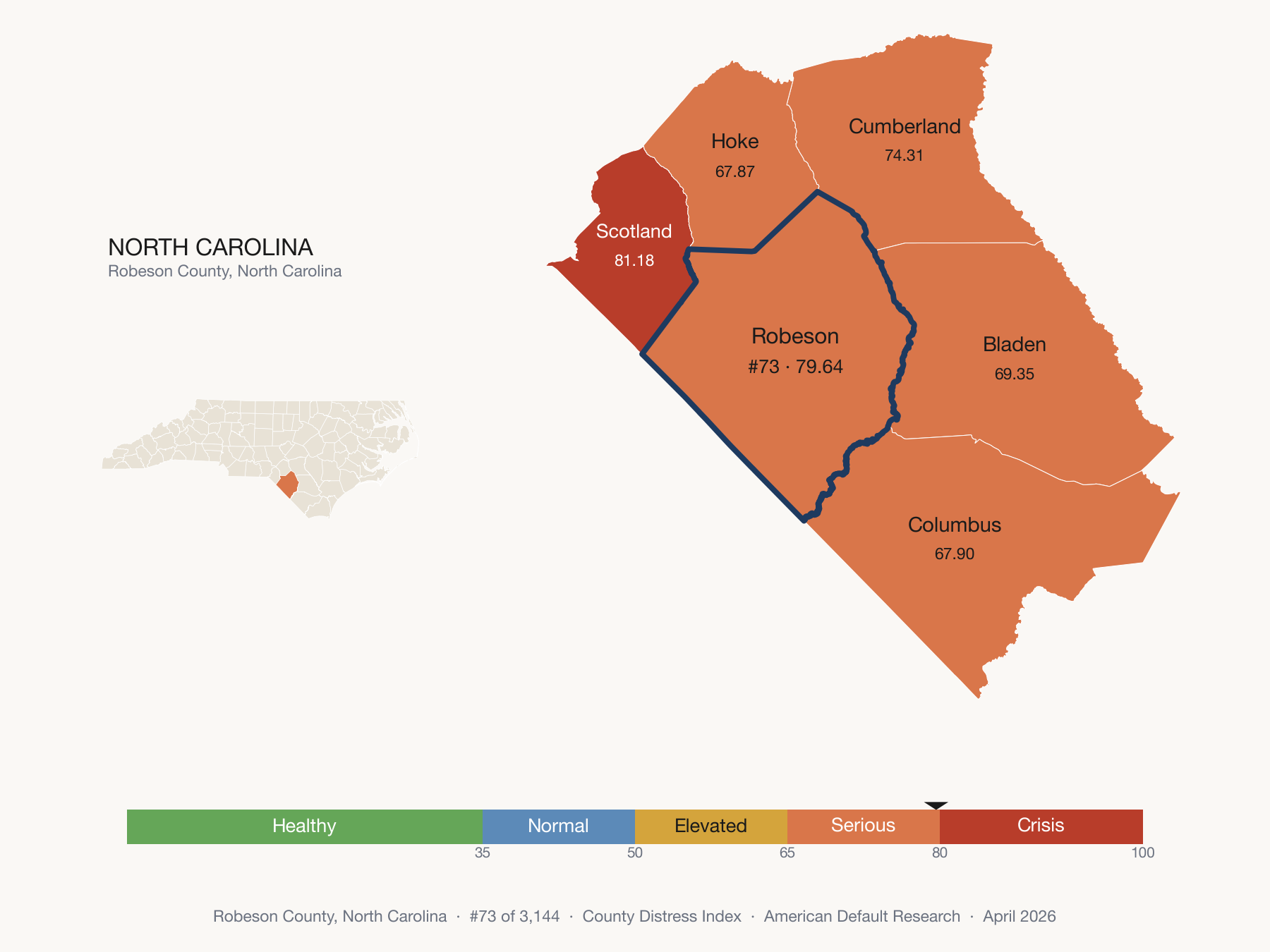 County Distress Index cluster map. Robeson County, North Carolina and its neighbors colored by distress fifth.