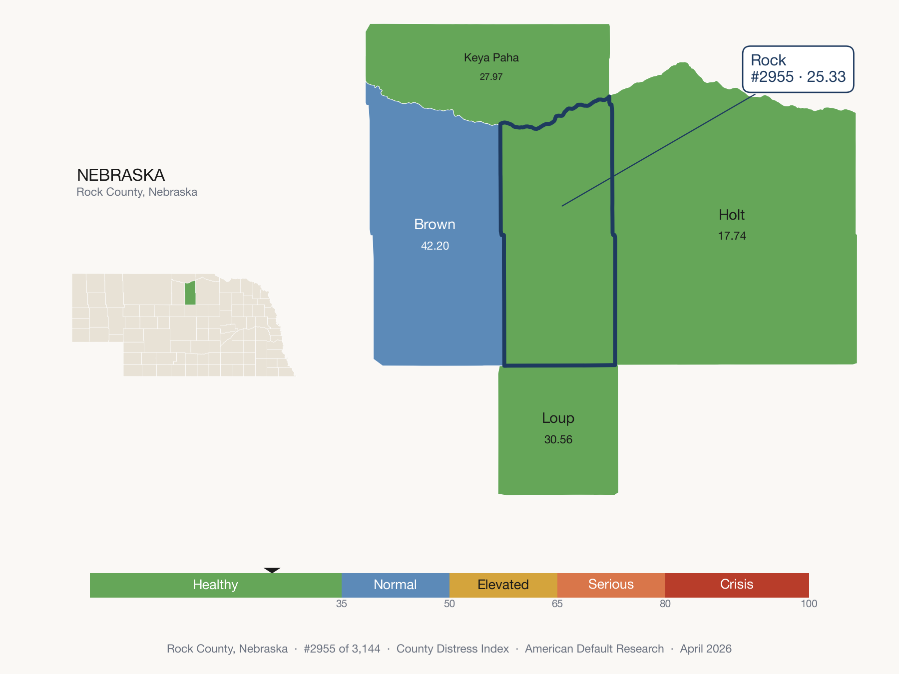 County Distress Index cluster map. Rock County, Nebraska and its neighbors colored by distress fifth.