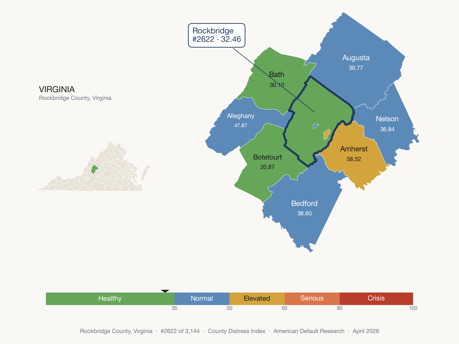 County Distress Index cluster map. Rockbridge County, Virginia and its neighbors colored by distress fifth.