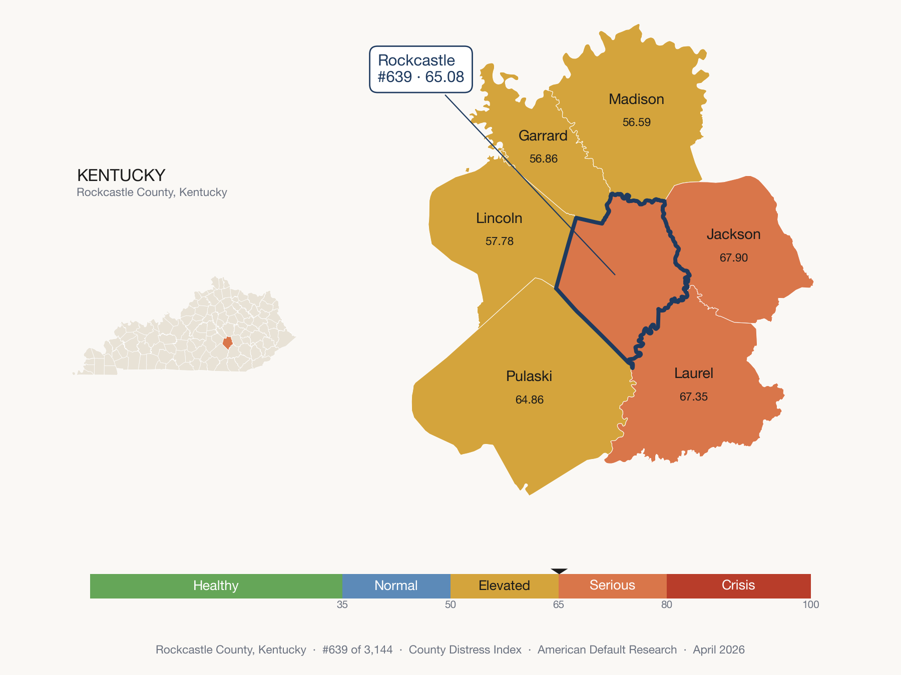 County Distress Index cluster map. Rockcastle County, Kentucky and its neighbors colored by distress fifth.
