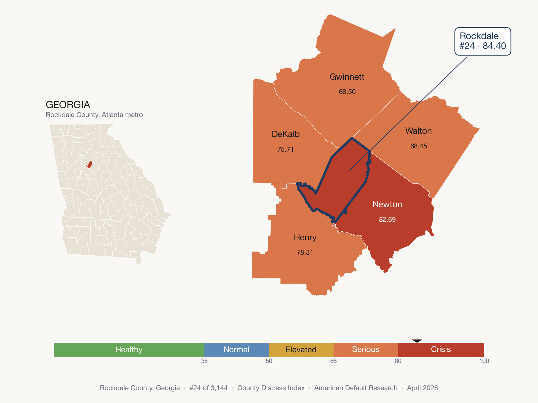 County Distress Index cluster map. Rockdale County, Georgia and its neighbors colored by distress fifth.