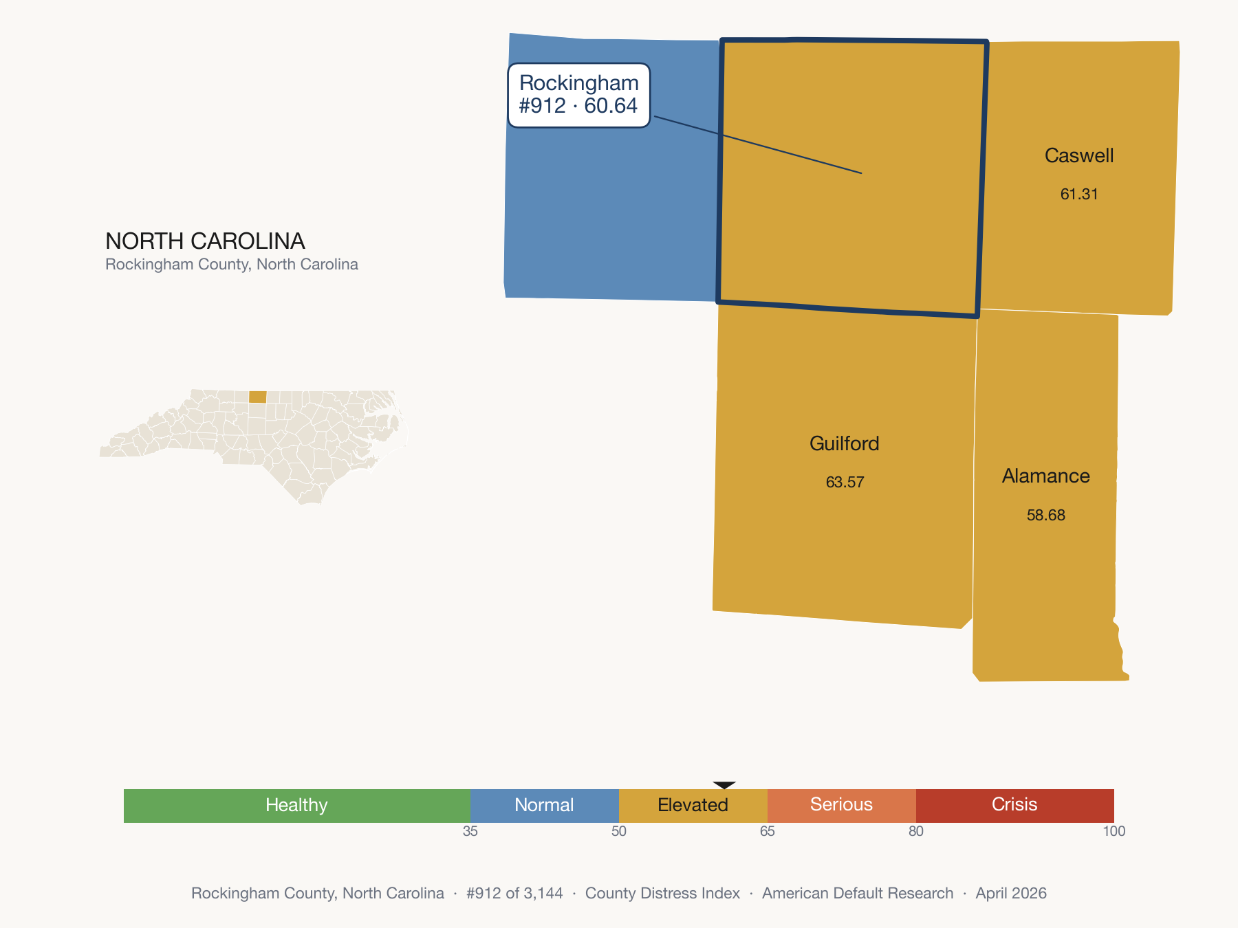 County Distress Index cluster map. Rockingham County, North Carolina and its neighbors colored by distress fifth.