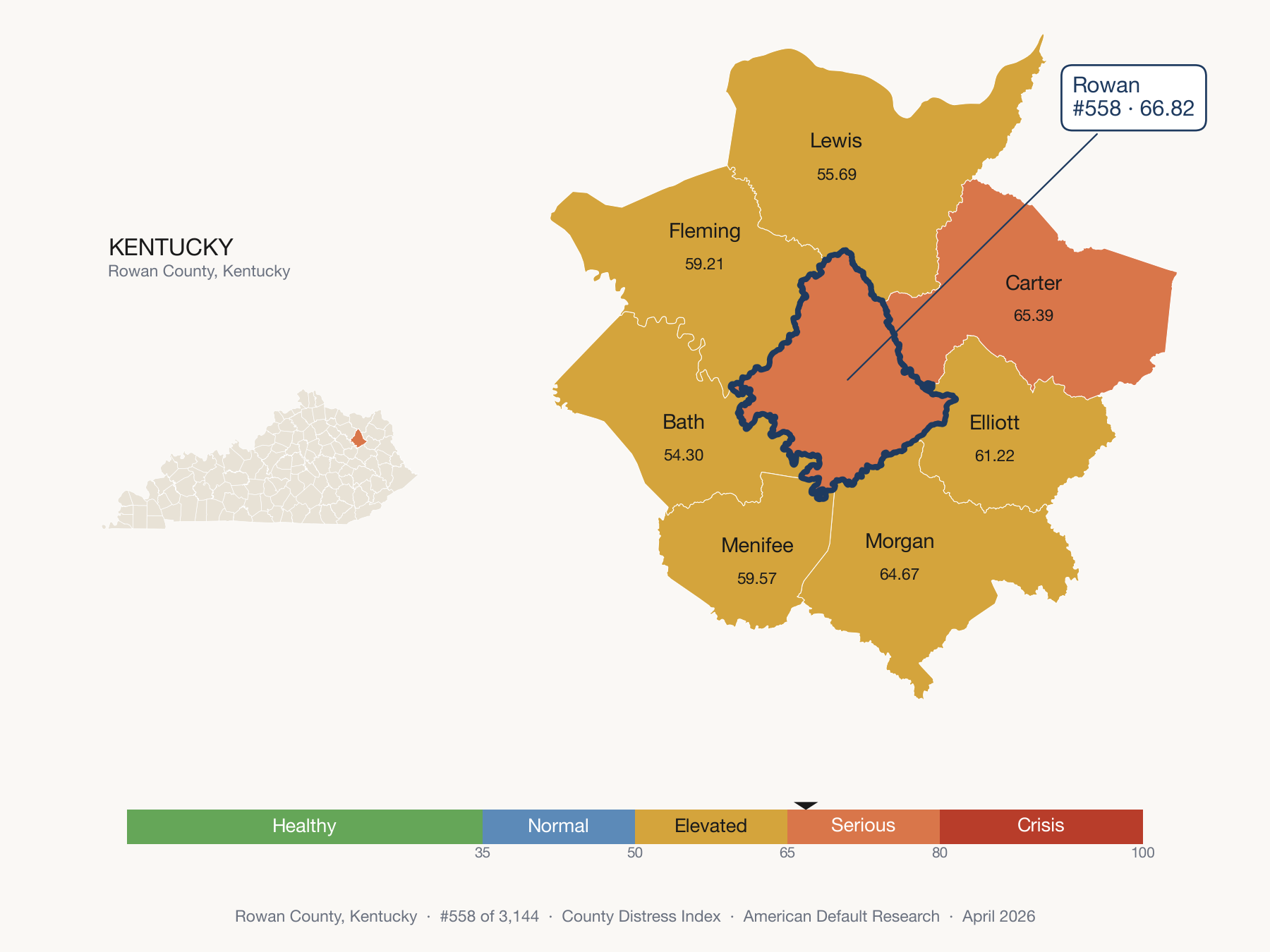 County Distress Index cluster map. Rowan County, Kentucky and its neighbors colored by distress fifth.