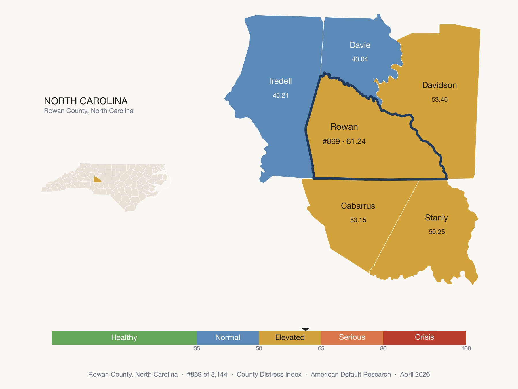 County Distress Index cluster map. Rowan County, North Carolina and its neighbors colored by distress fifth.