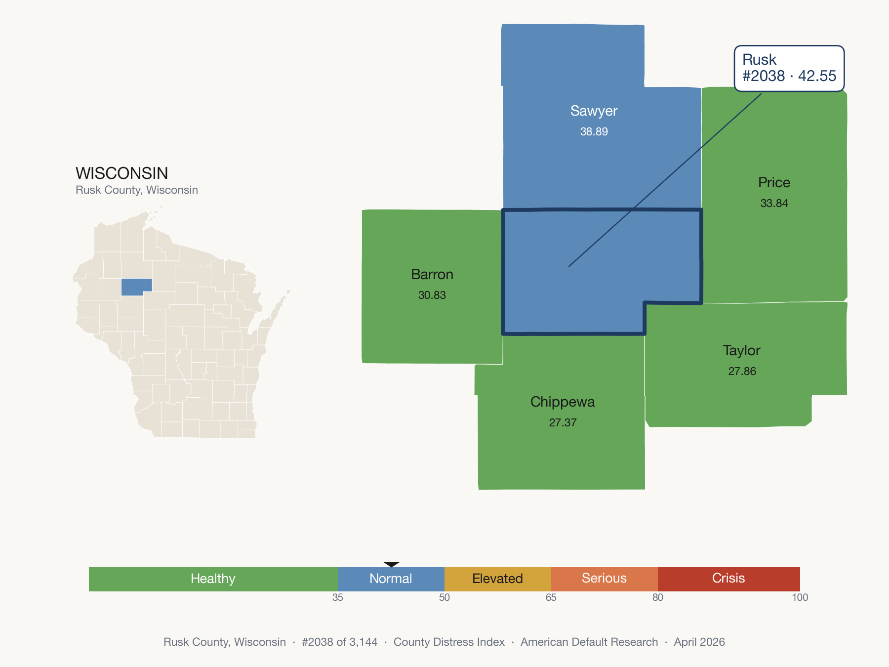 County Distress Index cluster map. Rusk County, Wisconsin and its neighbors colored by distress fifth.