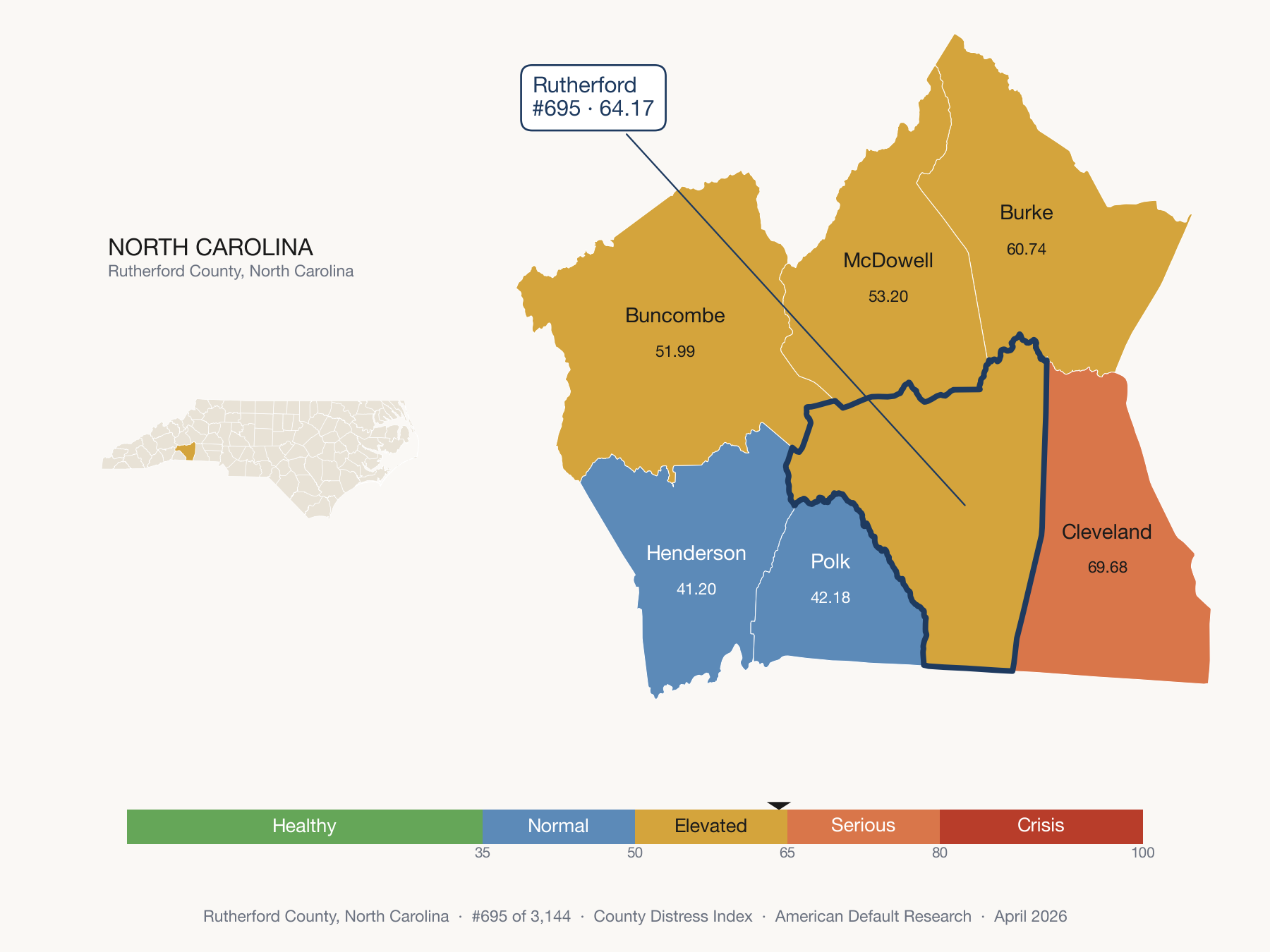 County Distress Index cluster map. Rutherford County, North Carolina and its neighbors colored by distress fifth.