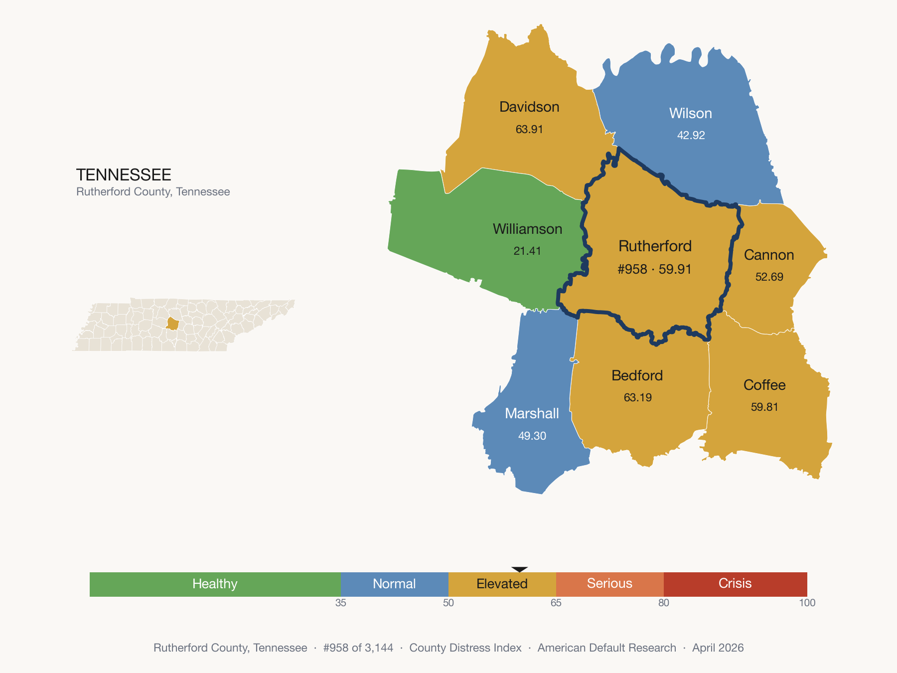 County Distress Index cluster map. Rutherford County, Tennessee and its neighbors colored by distress fifth.
