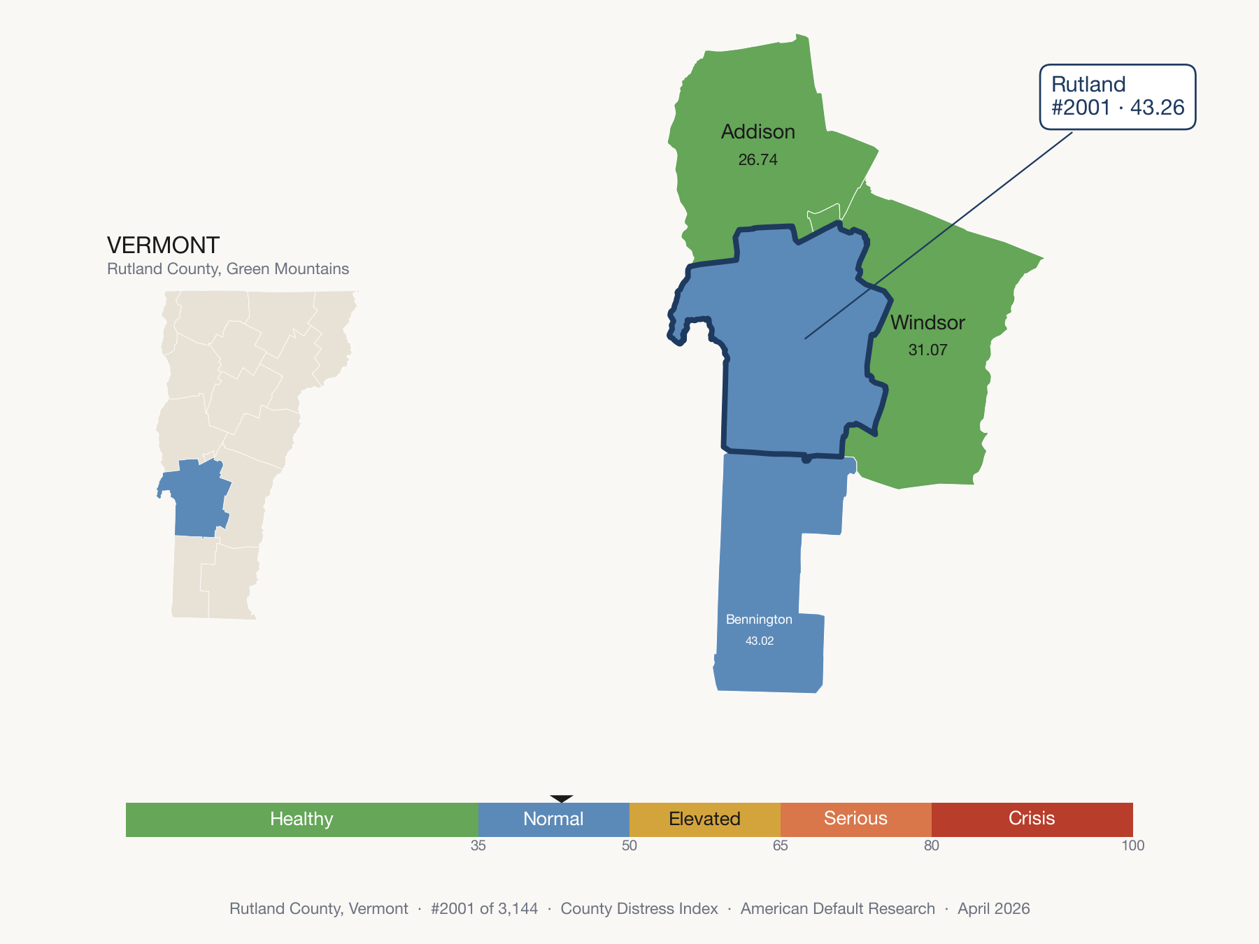 County Distress Index cluster map. Rutland County, Vermont and its neighbors colored by distress fifth.