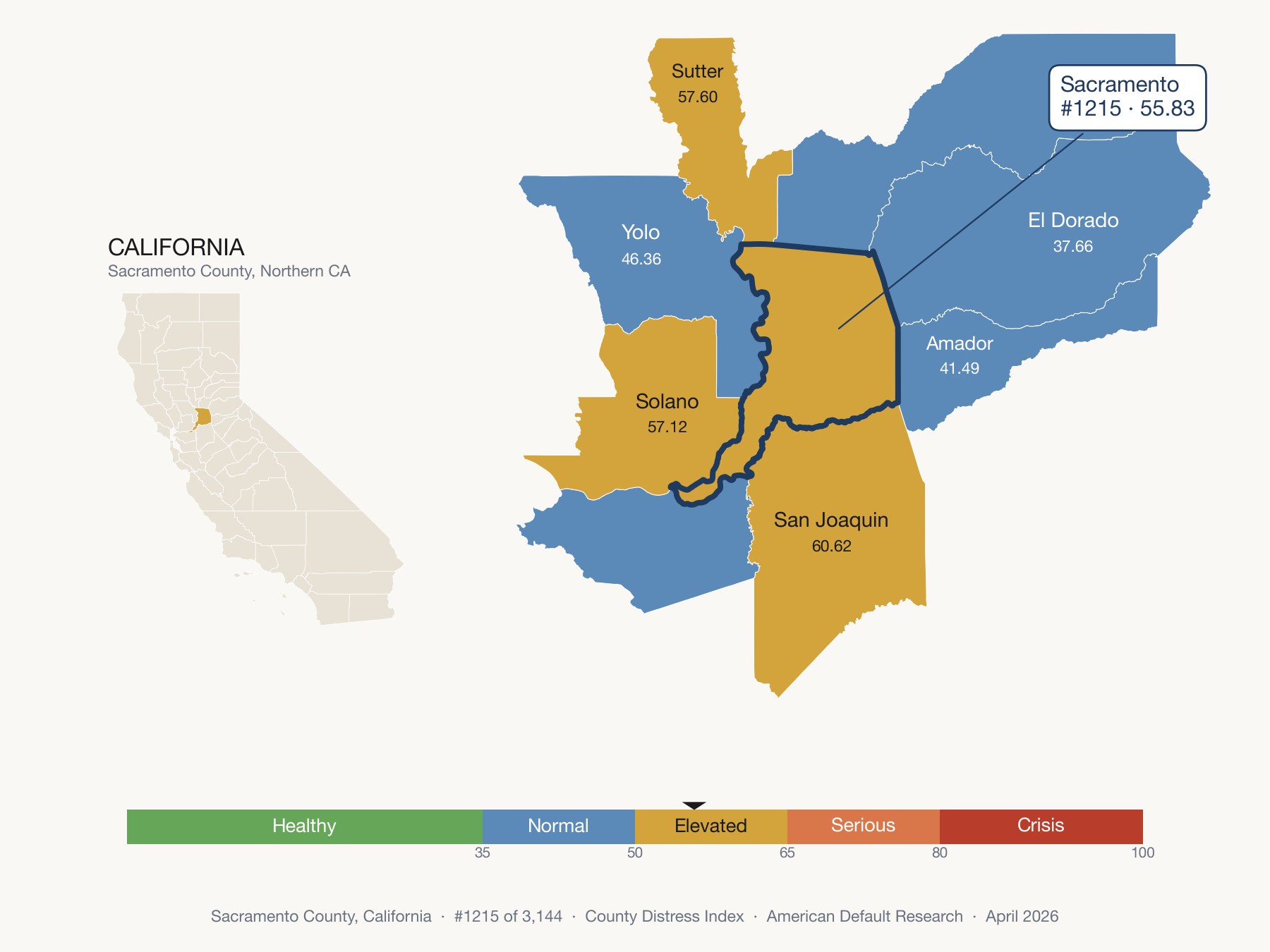 County Distress Index cluster map. Sacramento County, California and its neighbors colored by distress fifth.