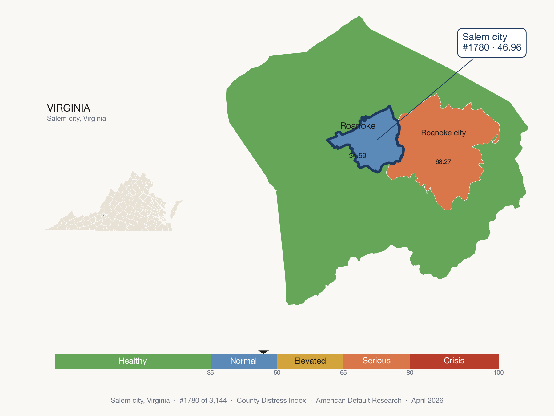 County Distress Index cluster map. Salem city, Virginia and its neighbors colored by distress fifth.