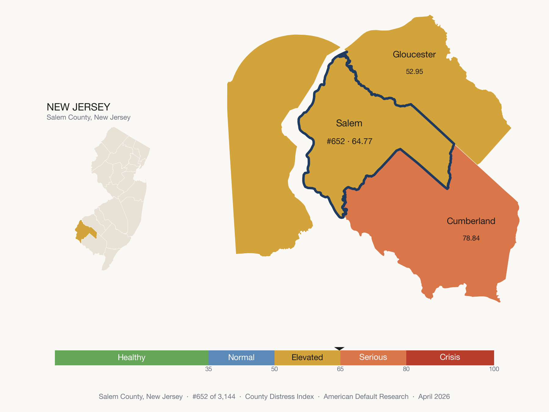 County Distress Index cluster map. Salem County, New Jersey and its neighbors colored by distress fifth.