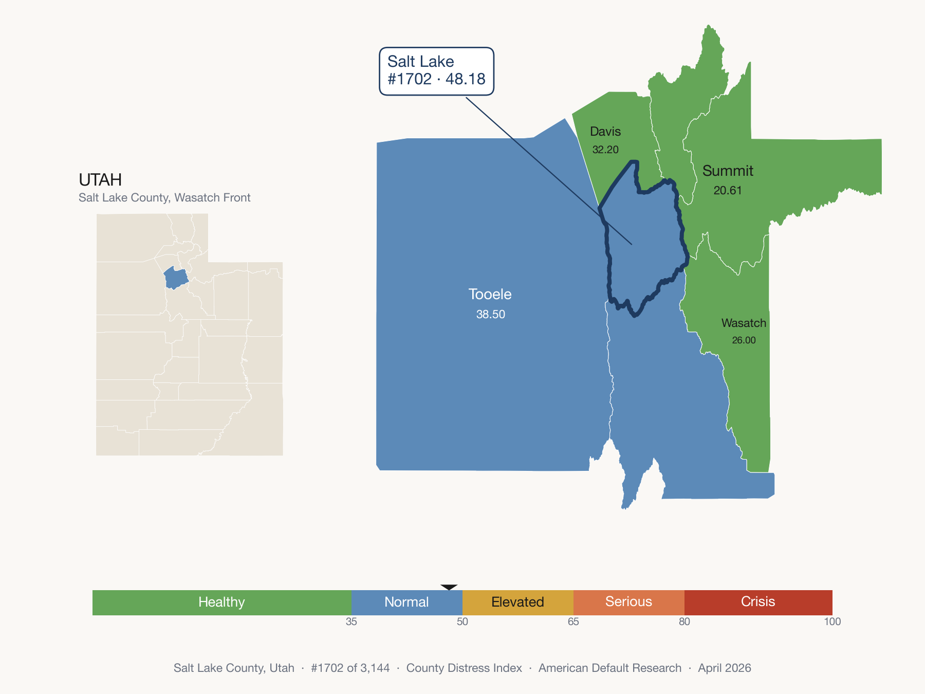 County Distress Index cluster map. Salt Lake County, Utah and its neighbors colored by distress fifth.