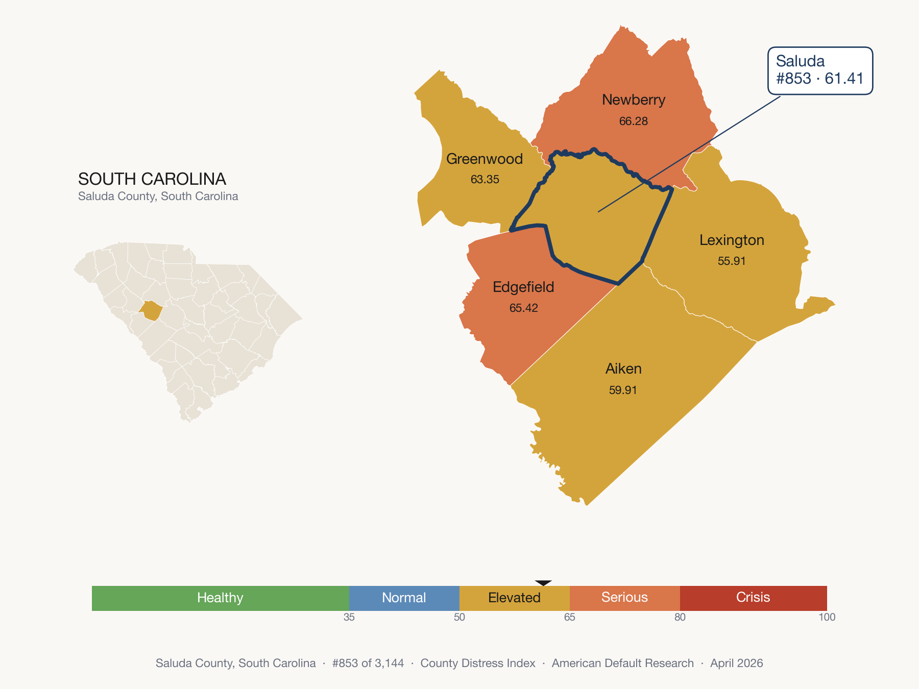 County Distress Index cluster map. Saluda County, South Carolina and its neighbors colored by distress fifth.