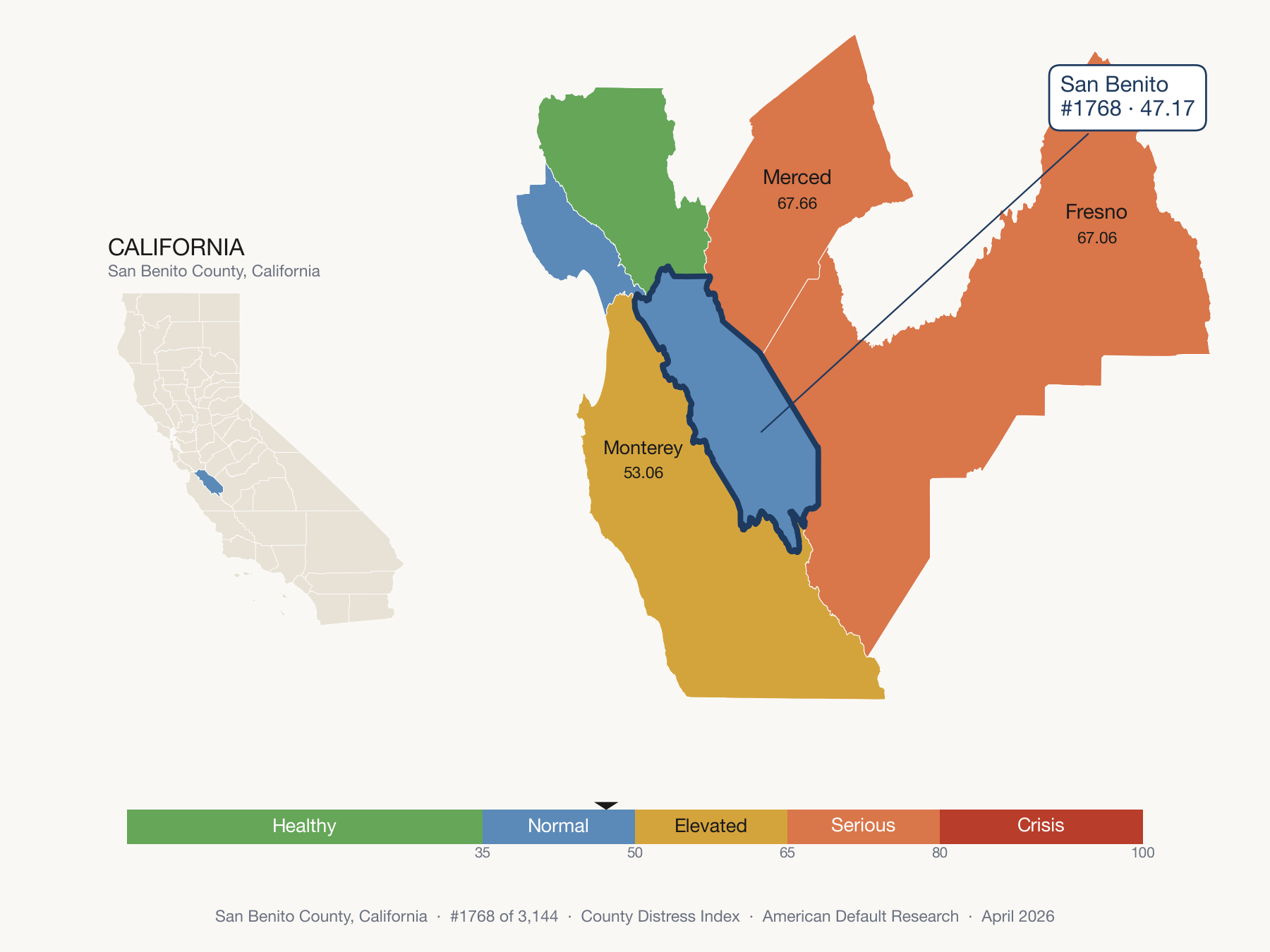 County Distress Index cluster map. San Benito County, California and its neighbors colored by distress fifth.